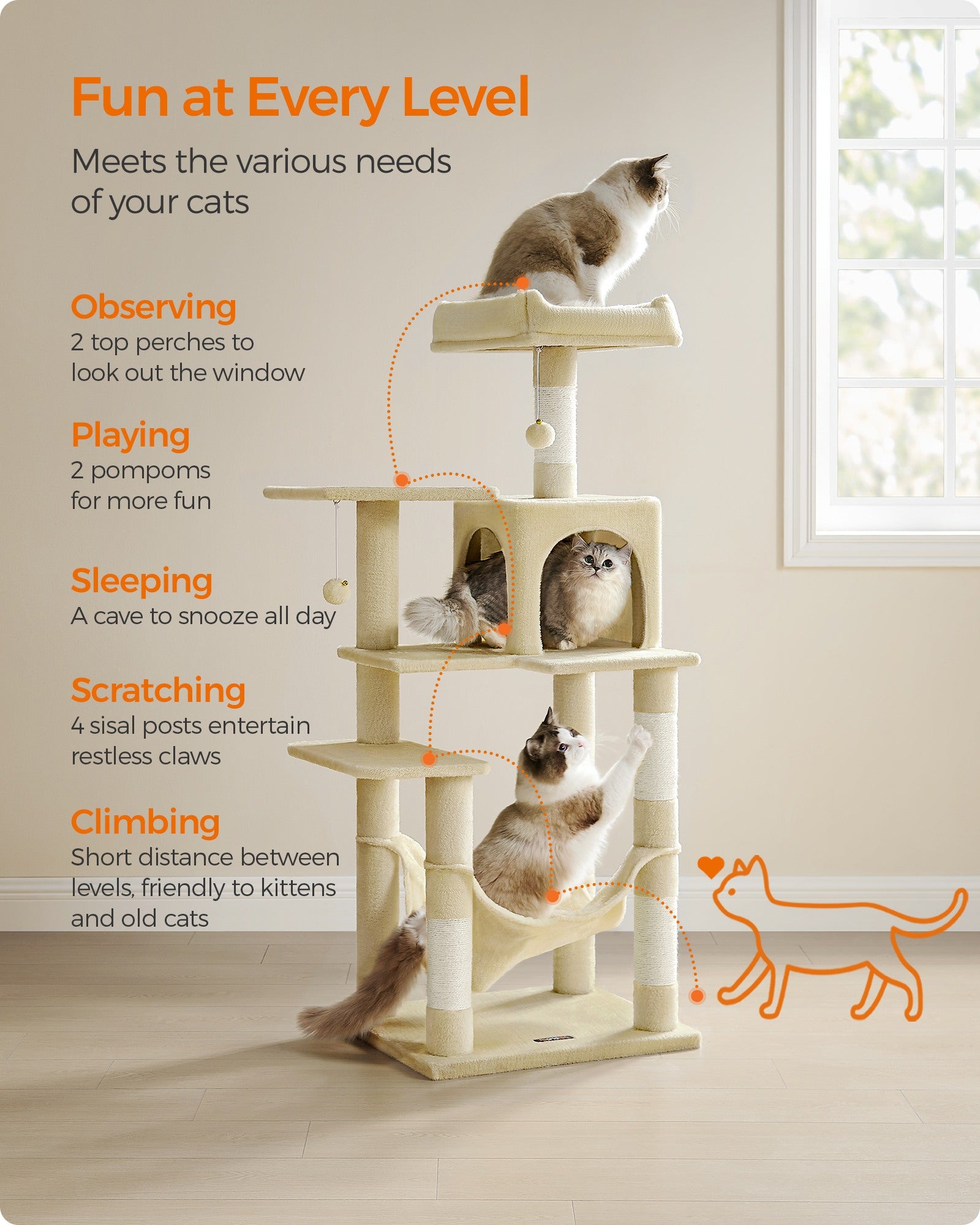 Cat Tree - 56.3-Inch Cat Tower for Indoor Cats - Multi-Level Cat Condo with 4 Scratching Posts Beige - Beige