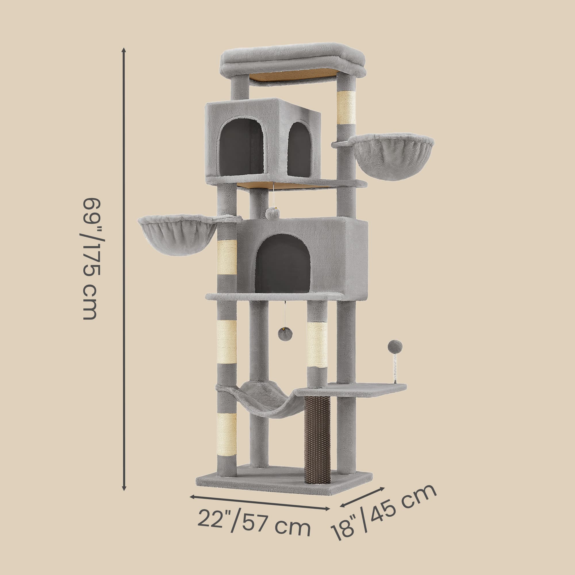 Large Multi Level Cat Tree Tower with Self Groomer and Posts - Dove Gray