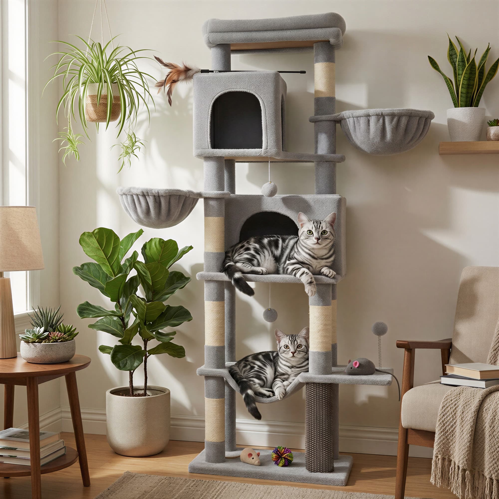 Large Multi Level Cat Tree Tower with Self Groomer and Posts - Dove Gray