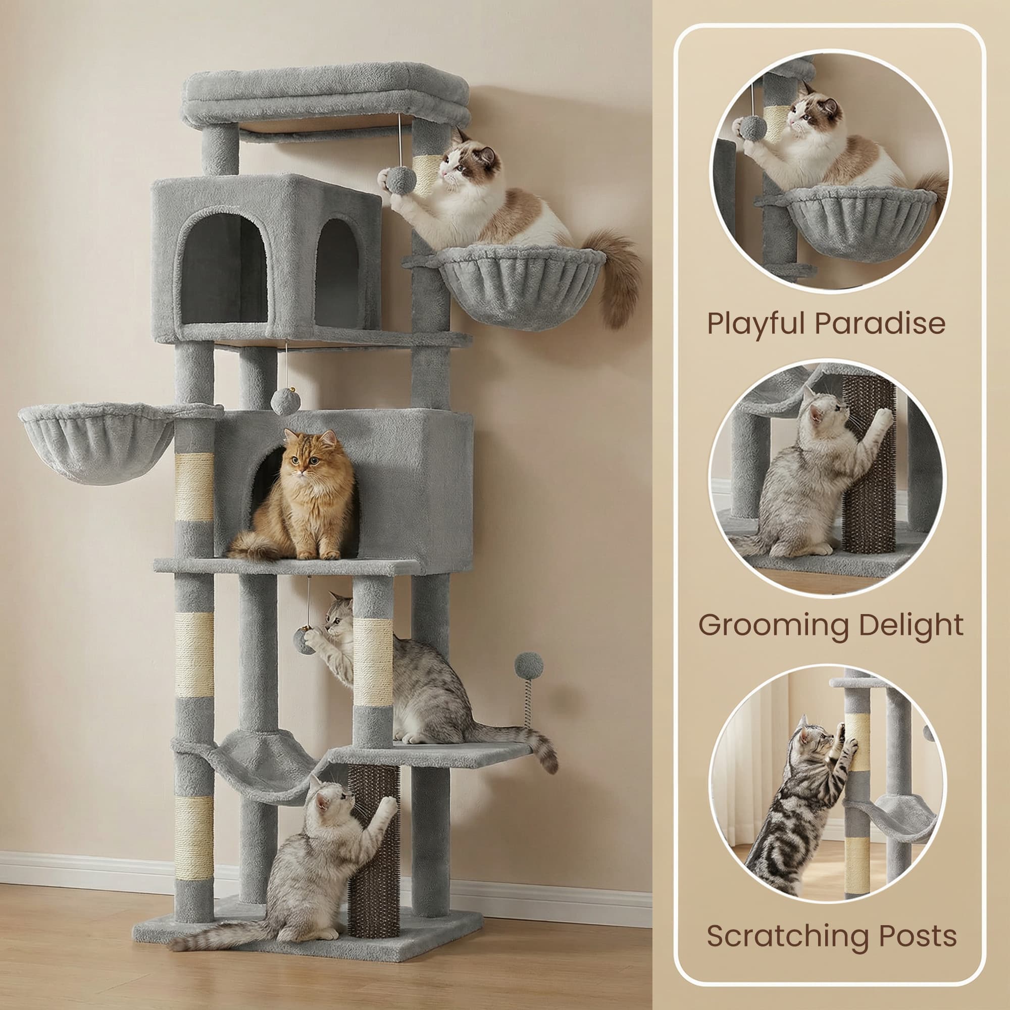 Large Multi Level Cat Tree Tower with Self Groomer and Posts - Dove Gray