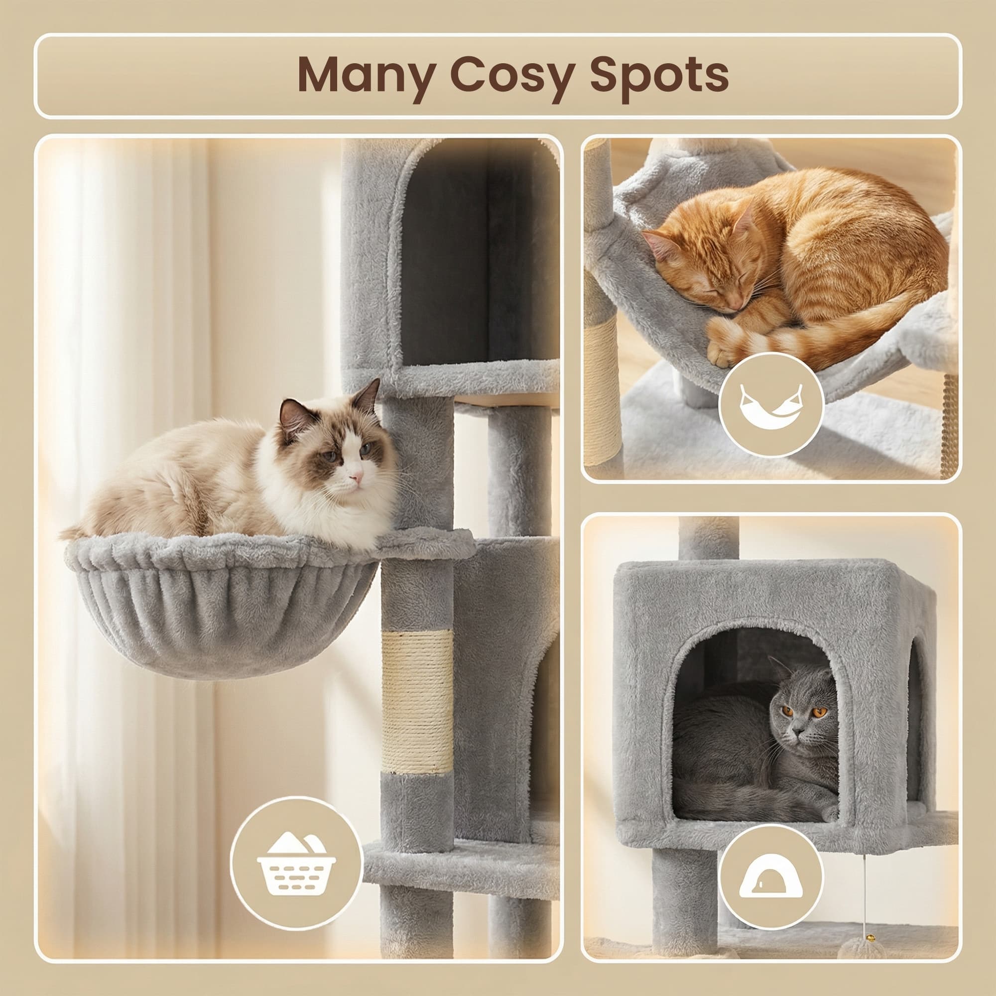 Large Multi Level Cat Tree Tower with Self Groomer and Posts - Dove Gray