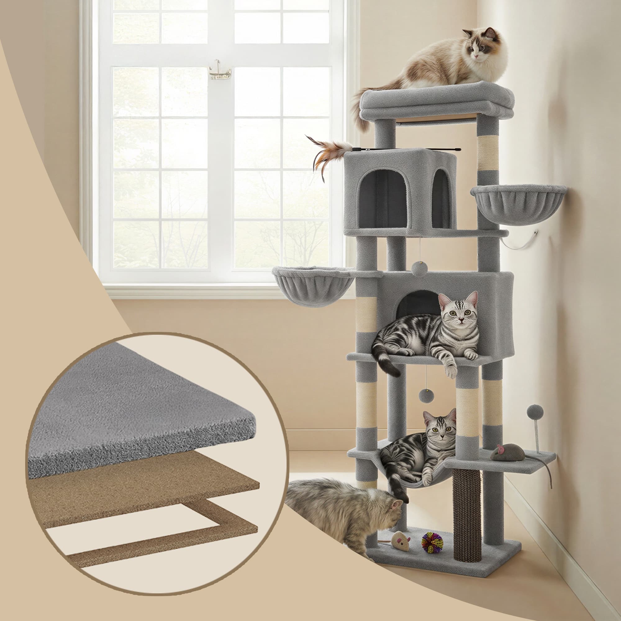 Large Multi Level Cat Tree Tower with Self Groomer and Posts - Dove Gray