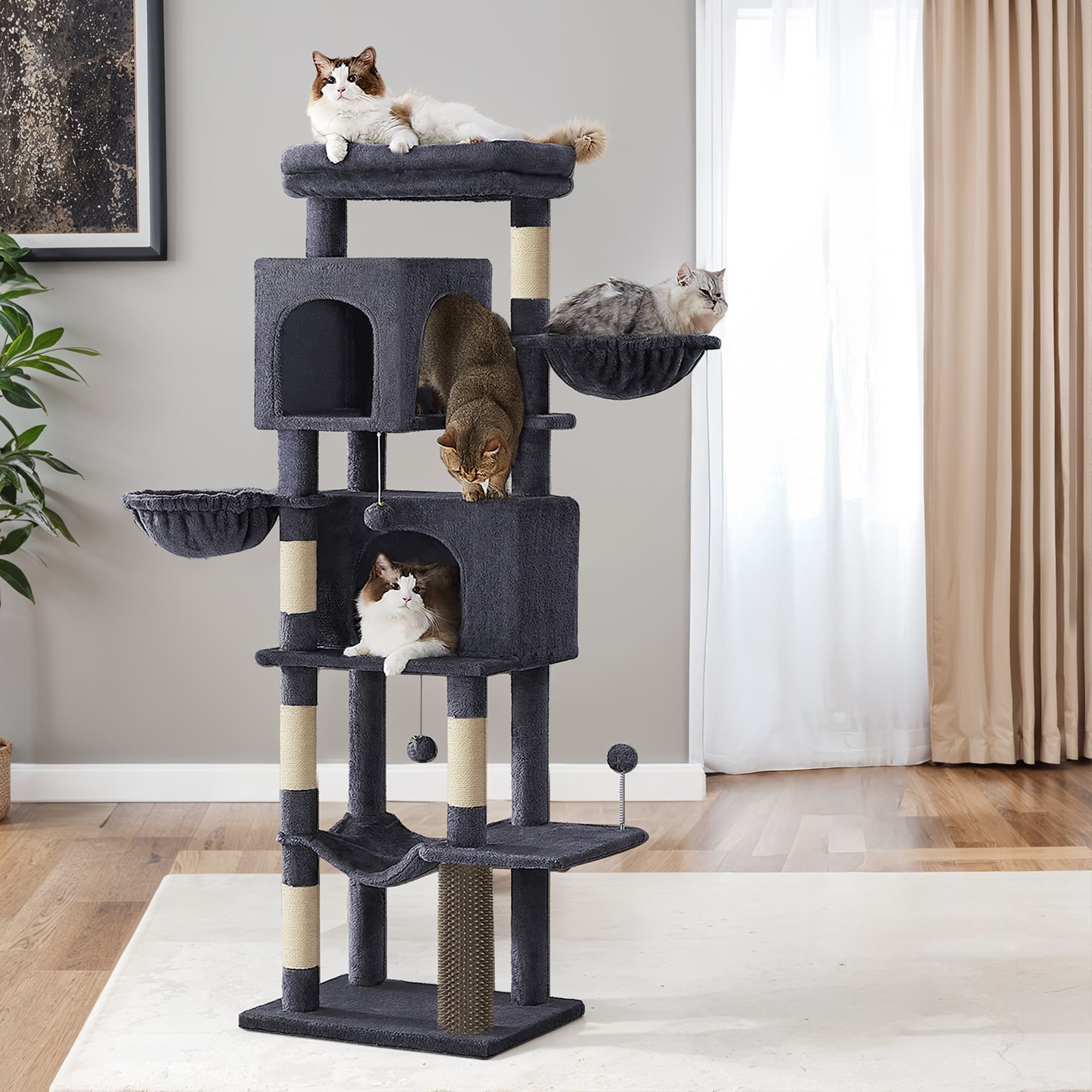 Large Multi Level Cat Tree Tower with Self Groomer and Posts - Dark Gray