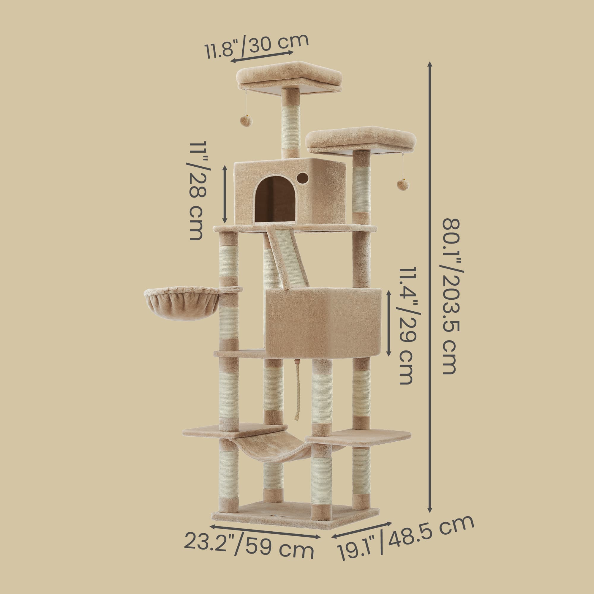 Large Cat Tree with Scratching Posts Hammock and Perches for Indoor Cats - Camel Brown