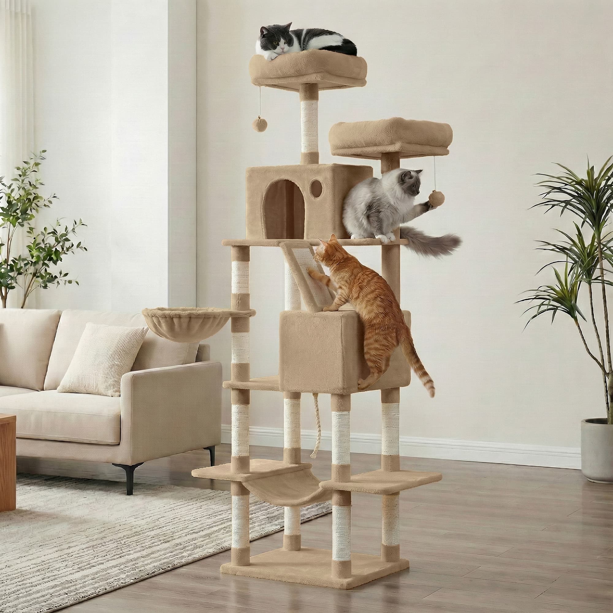 Large Cat Tree with Scratching Posts Hammock and Perches for Indoor Cats - Camel Brown