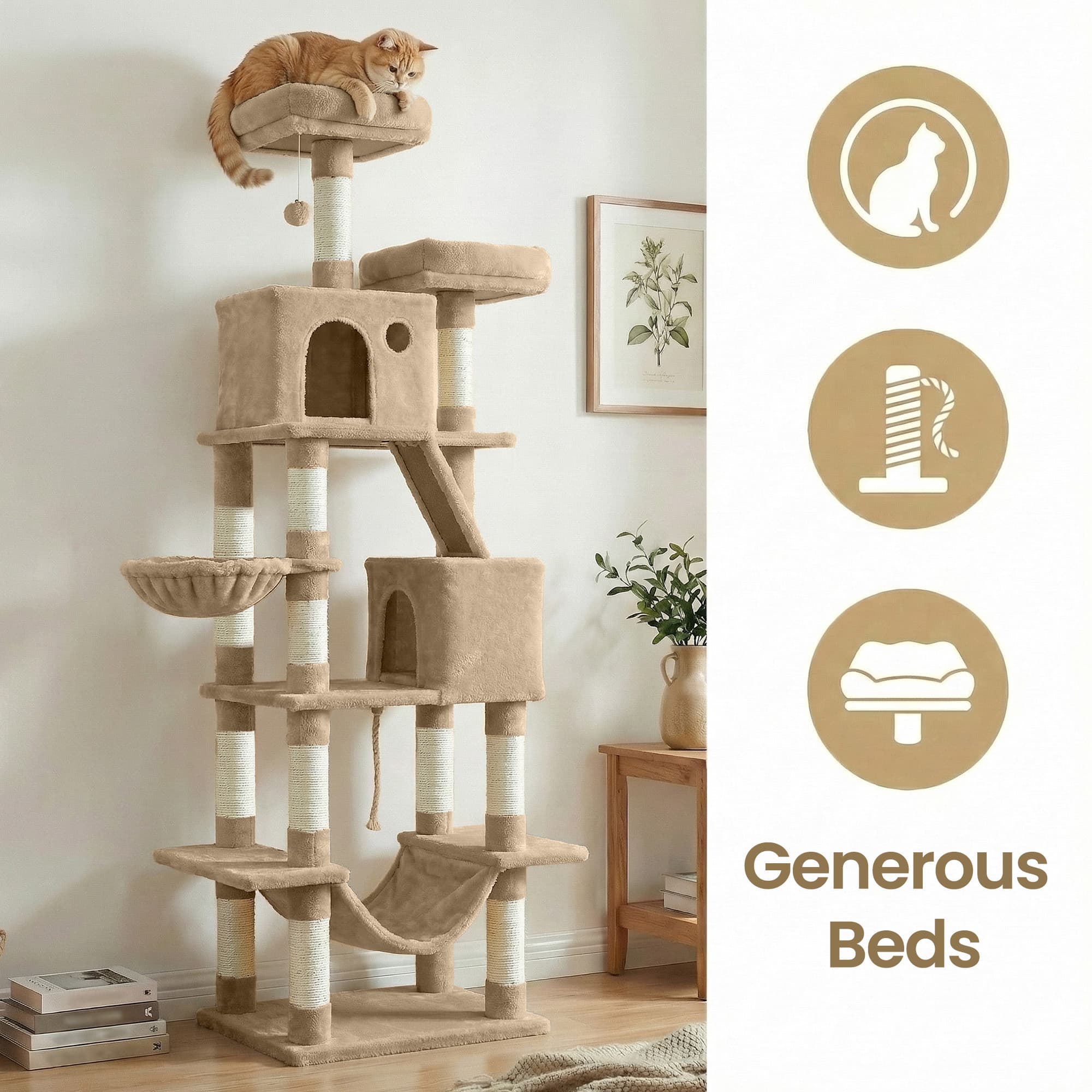 Large Cat Tree with Scratching Posts Hammock and Perches for Indoor Cats - Camel Brown