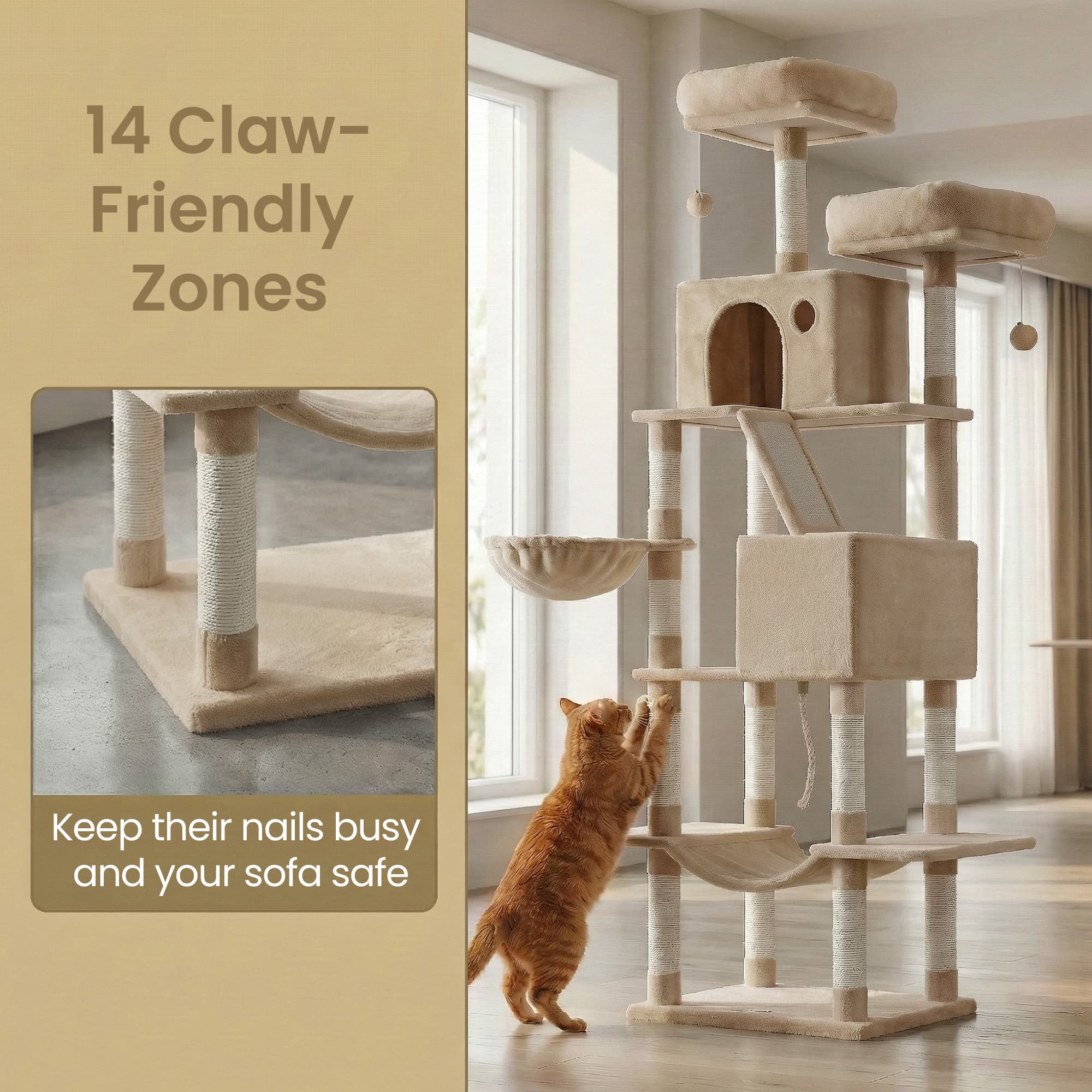Large Cat Tree with Scratching Posts Hammock and Perches for Indoor Cats - Camel Brown