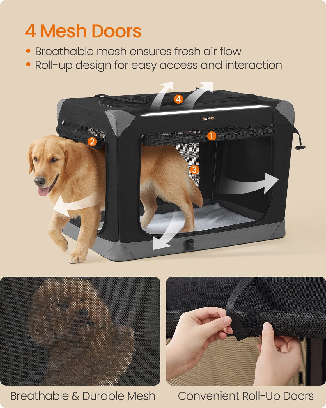 Collapsible Fabric Dog Crate - 36 Inch - Mesh Doors - Folds Flat For Travel