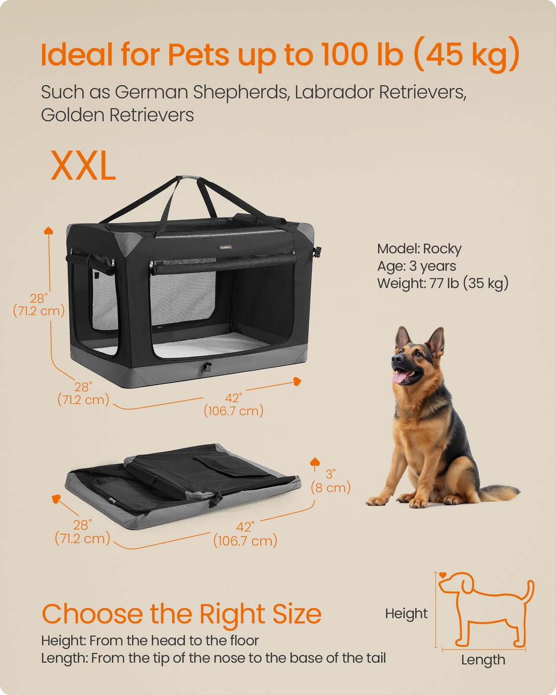 Collapsible Fabric Dog Crate - 42 Inch - Mesh Doors - Folds Flat For Travel