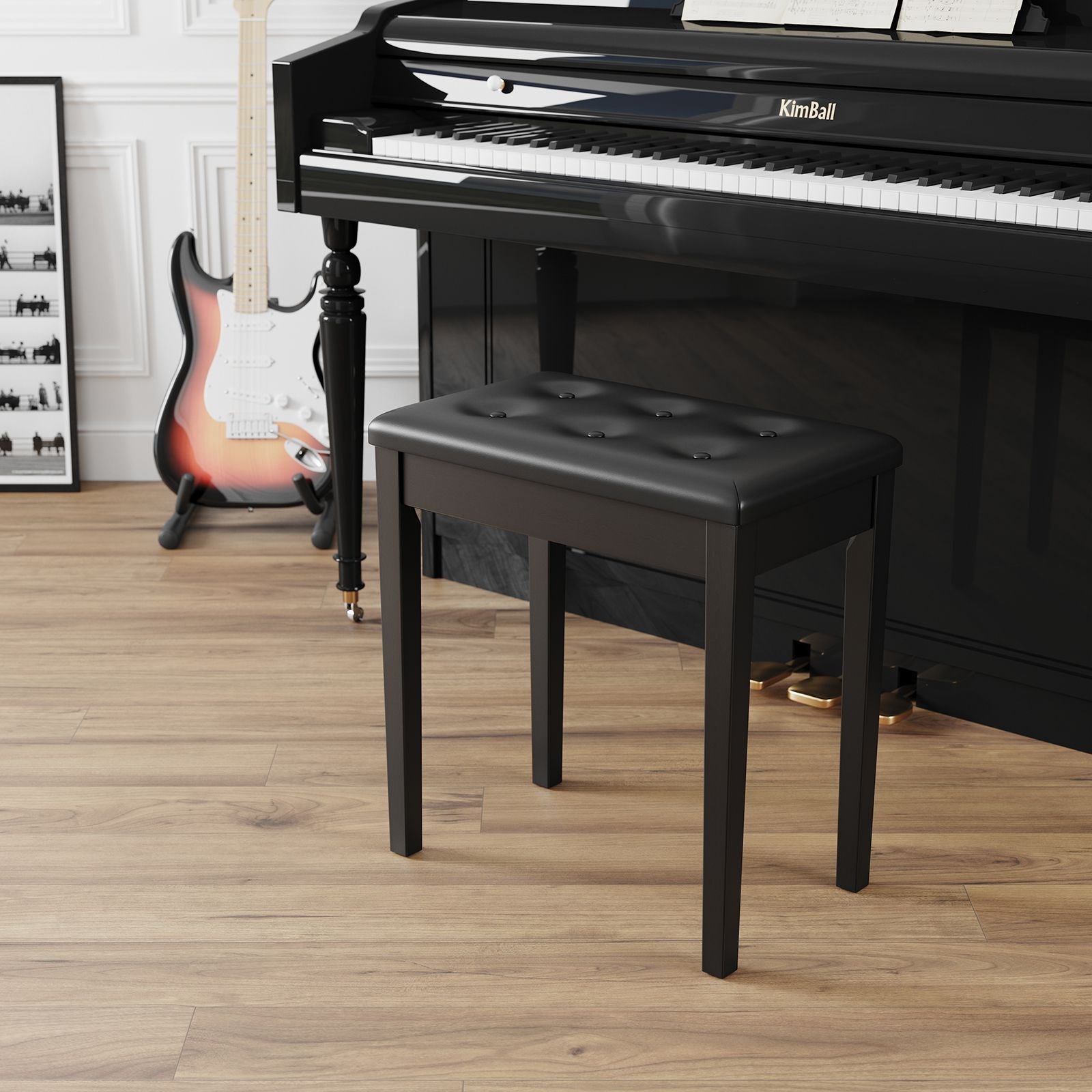 Piano Bench with Padded Cushion and Storage Compartment for Music Books - Black