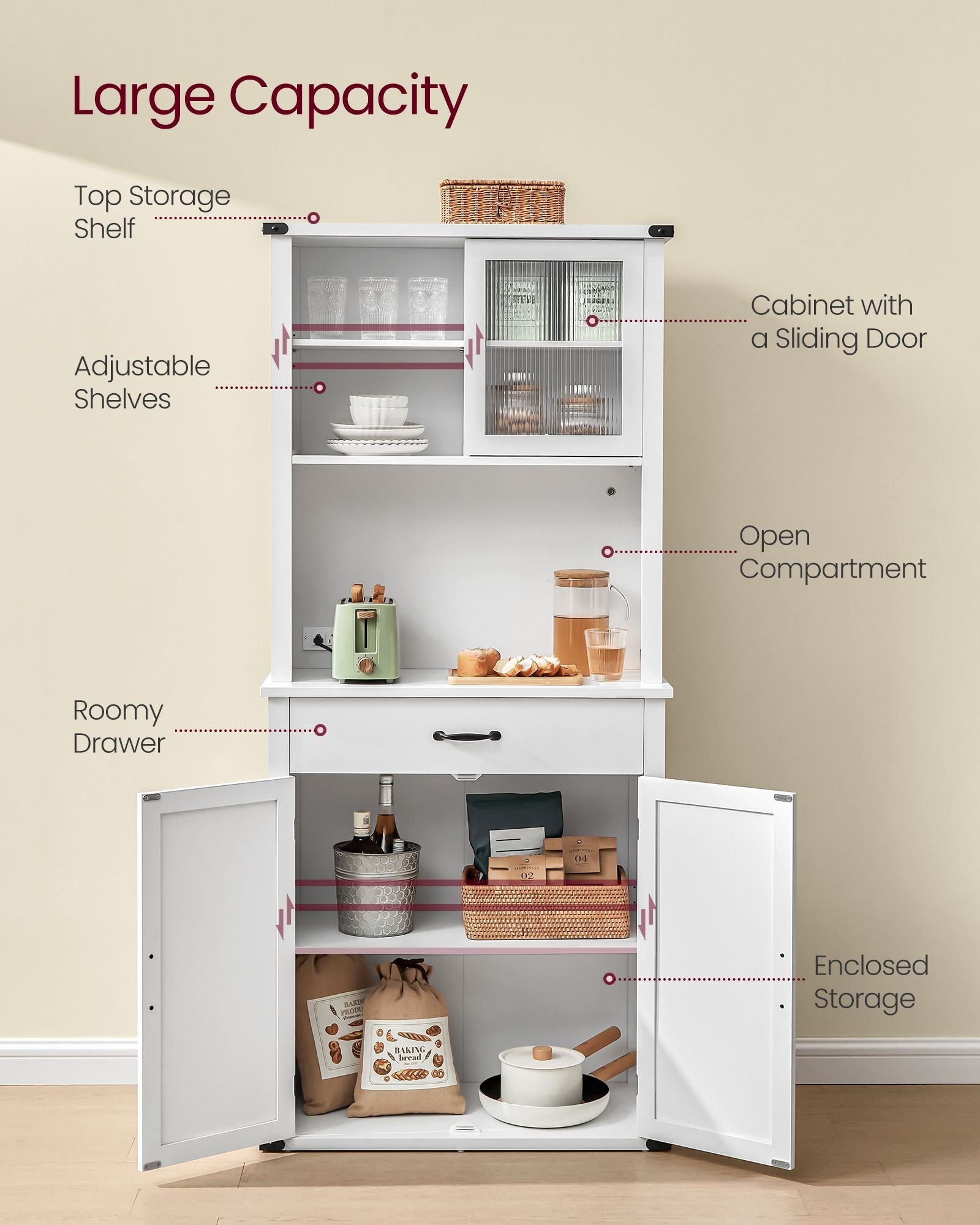 Pantry Cabinet, Adjustable Light, Power Strip, Microwave Hutch, Drawer, Sliding Door