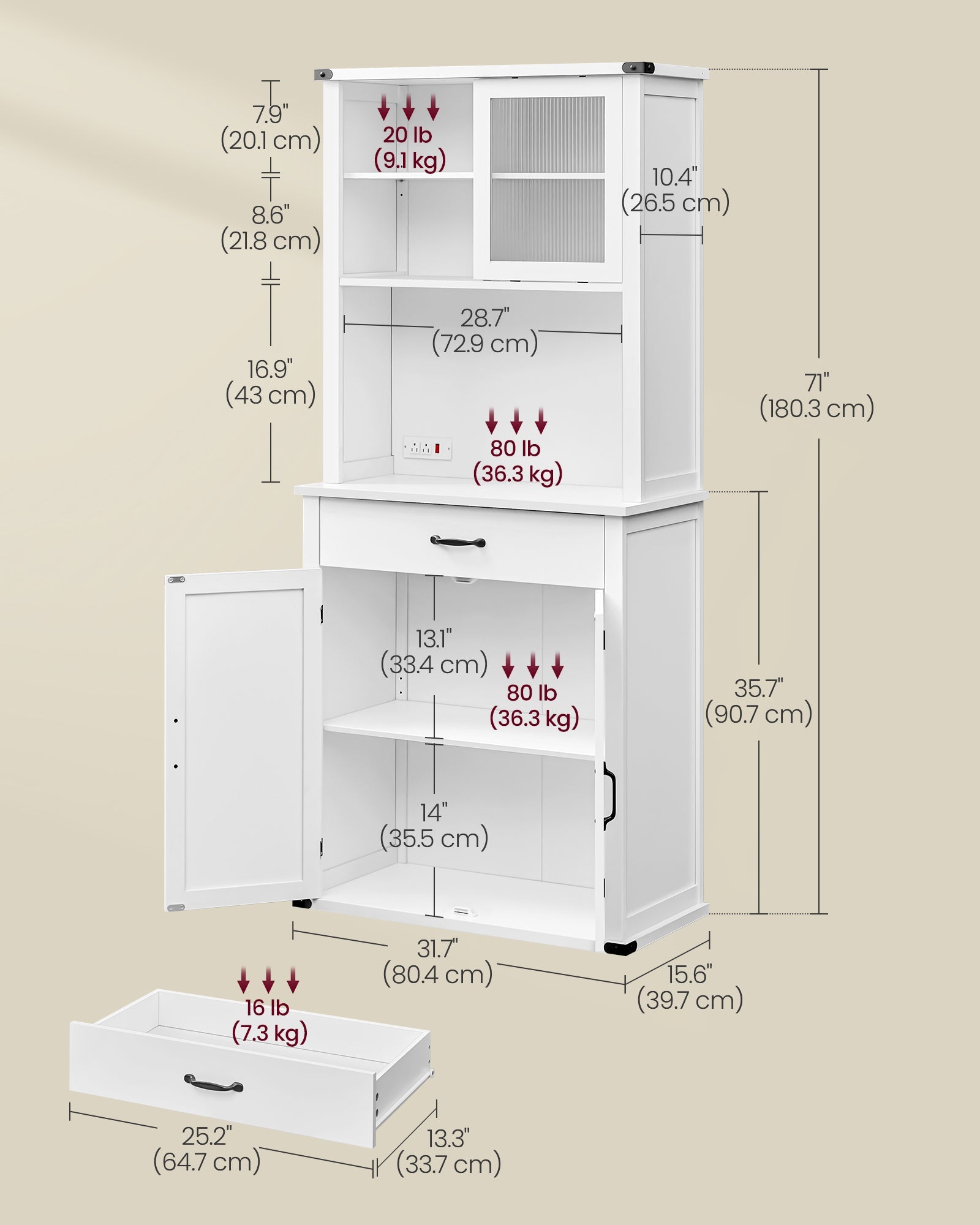 Pantry Cabinet, Adjustable Light, Power Strip, Microwave Hutch, Drawer, Sliding Door