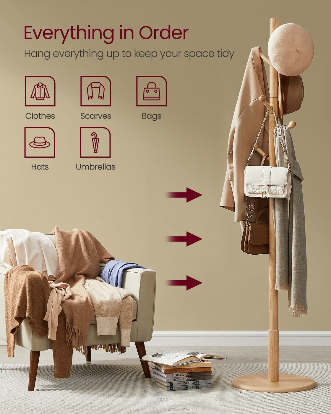 Solid Wood Coat Rack - 7 Hooks - Adjustable Height - 69 Inch
