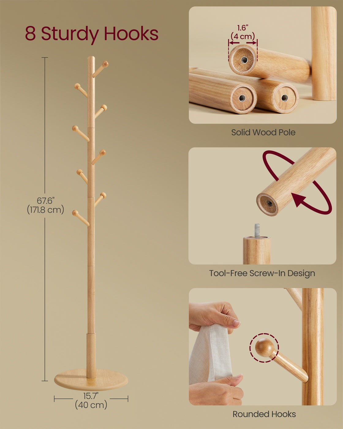 Solid Wood Coat Rack - 7 Hooks - Adjustable Height - 69 Inch
