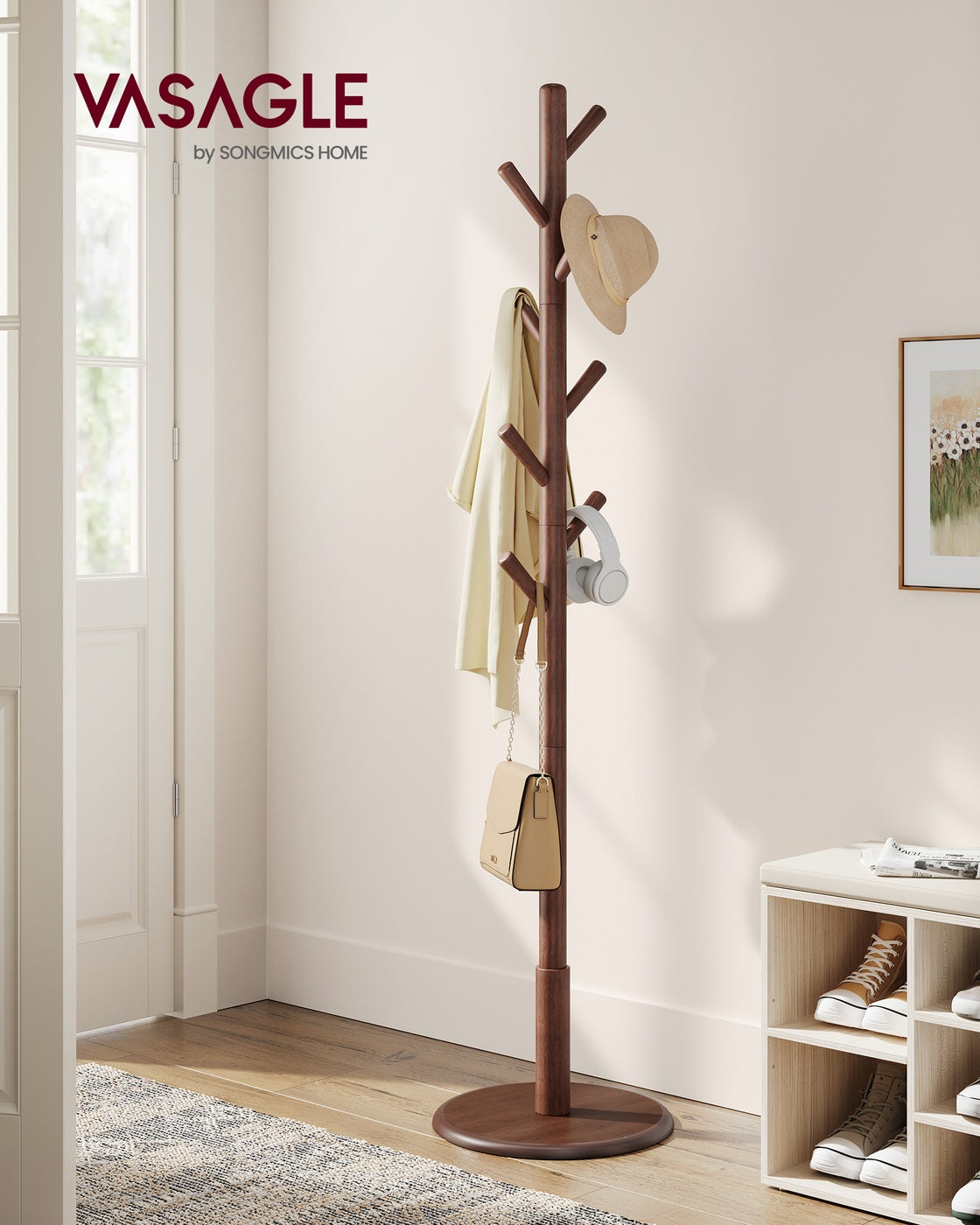 Solid Wood Coat Rack with 8 Hooks Caramel Brown