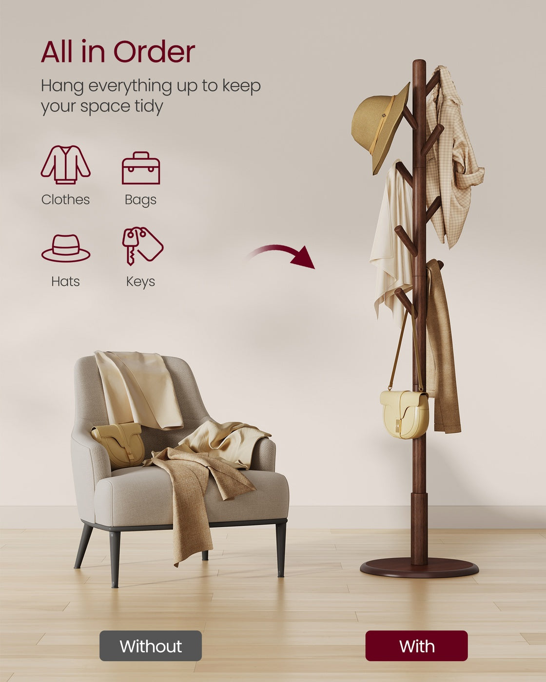 Solid Wood Coat Rack with 8 Hooks Caramel Brown