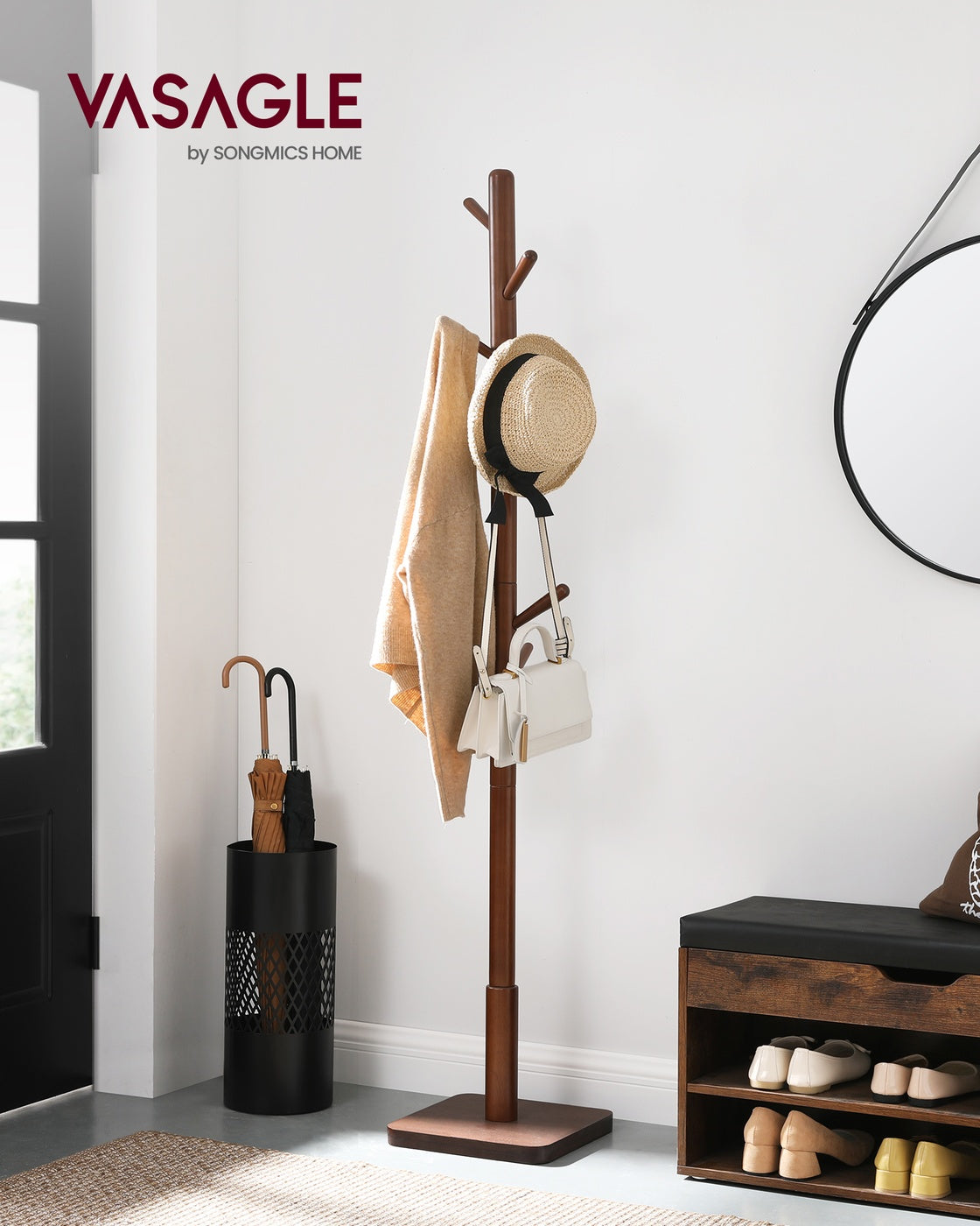Freestanding Hall Tree - 8 Hooks - 69 Inch - Solid Wood Coat Rack