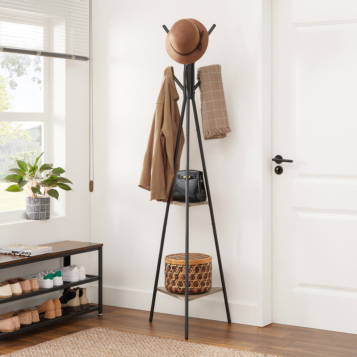 Coat Hanger Stand - Hall Tree with 2 Shelves