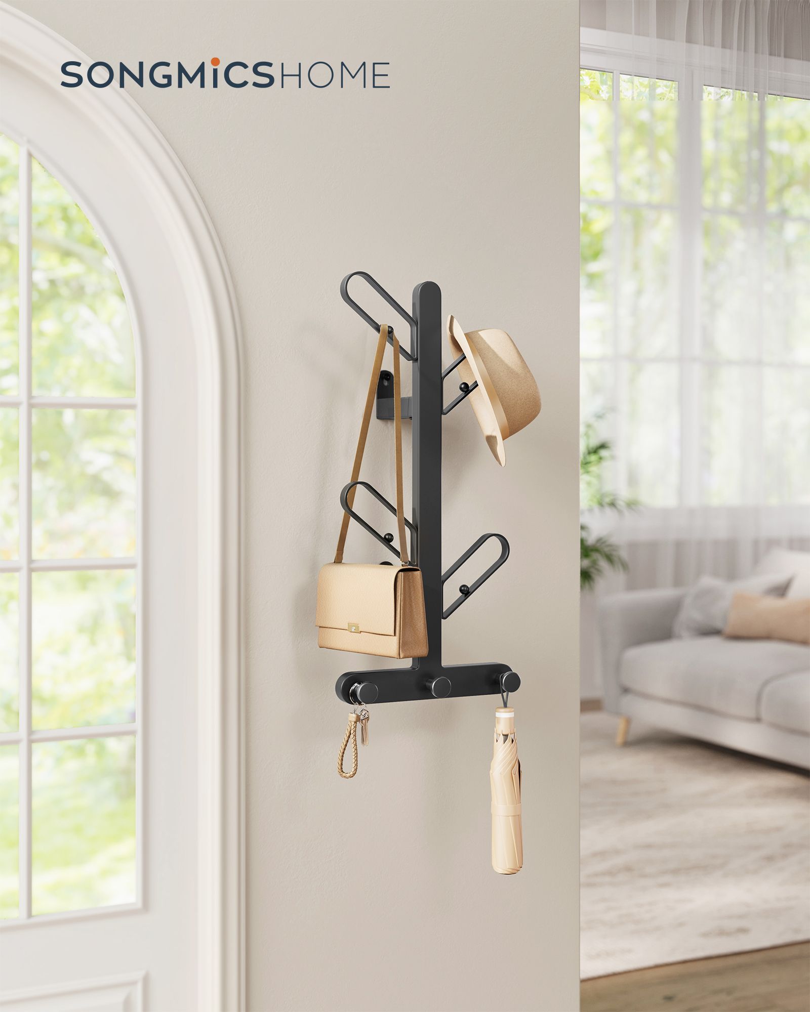 Wall-Mounted Coat Rack with 7 Hooks - Ball Tips - Ink Black