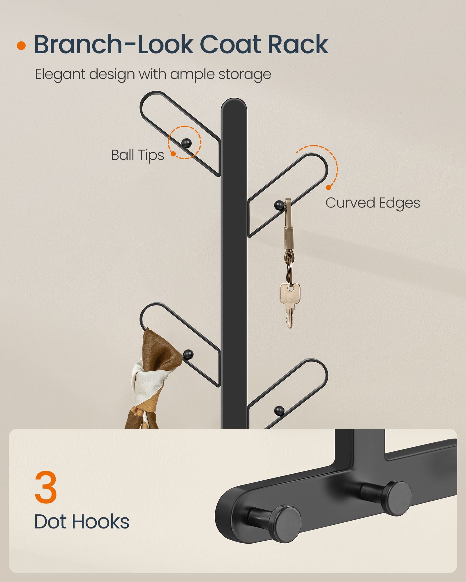 Wall-Mounted Coat Rack with 7 Hooks - Ball Tips - Ink Black