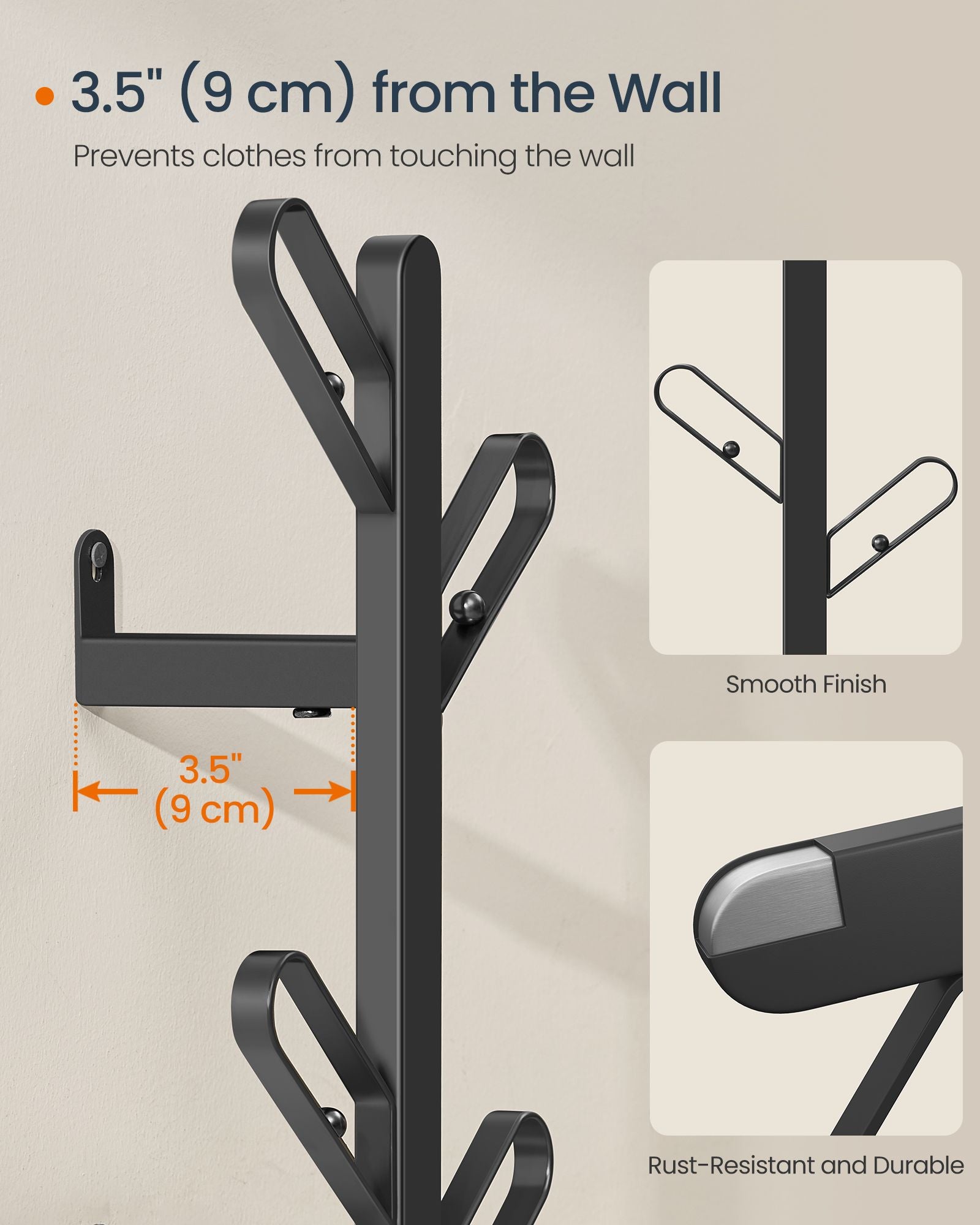 Wall-Mounted Coat Rack with 7 Hooks - Ball Tips - Ink Black