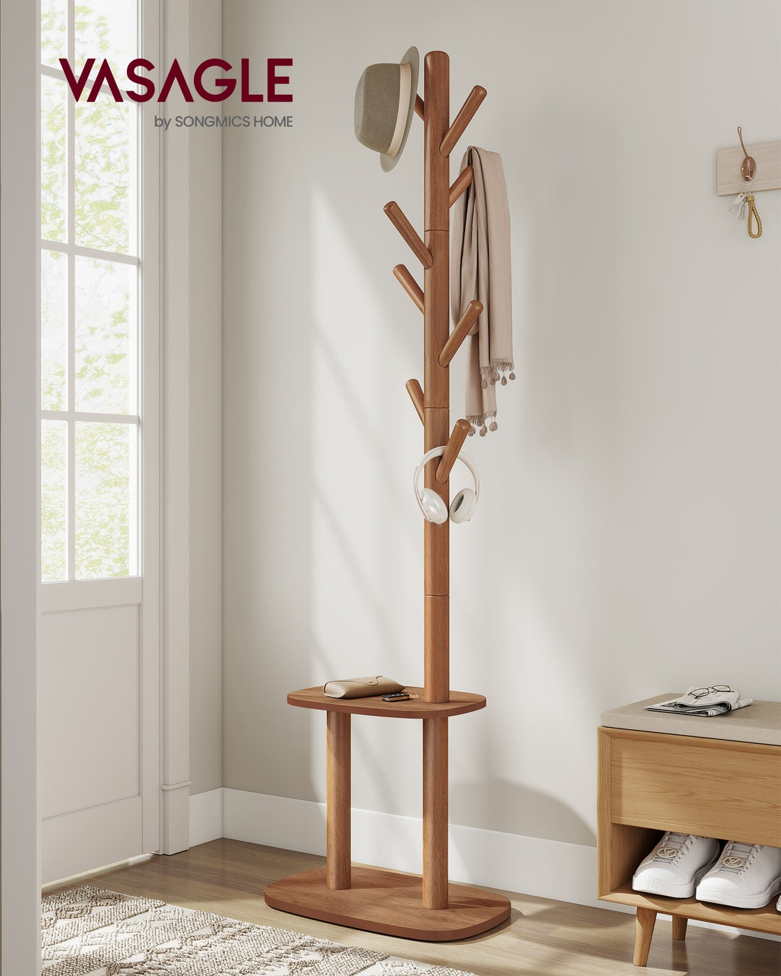 Hall Coat Tree - 8 Hooks - Storage Shelf - 67 Inch