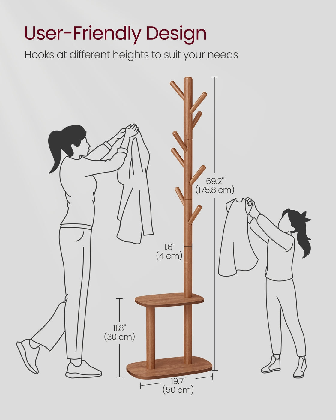 Hall Coat Tree - 8 Hooks - Storage Shelf - 67 Inch