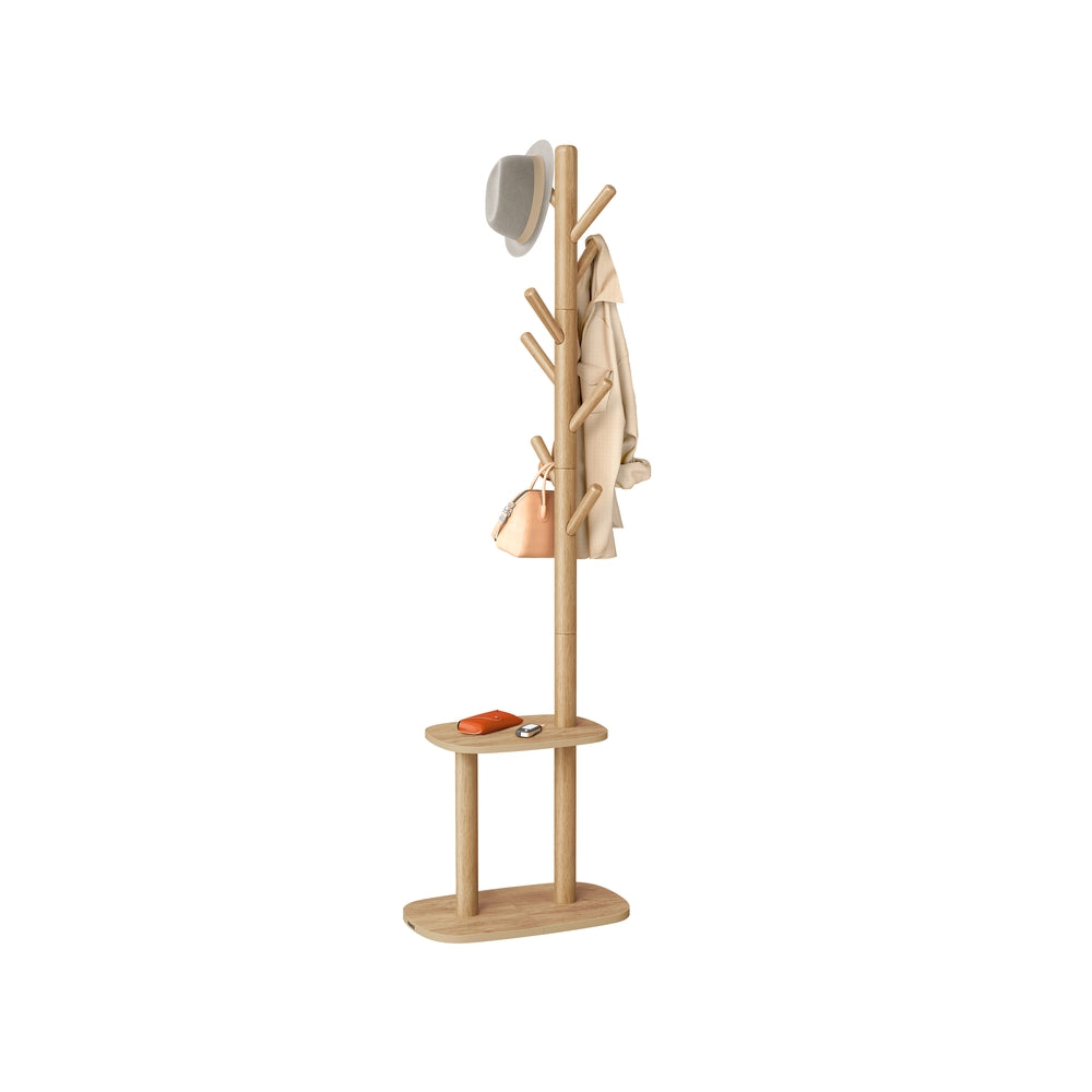 Hall Coat Tree - 8 Hooks - Storage Shelf - 67 Inch - Beige