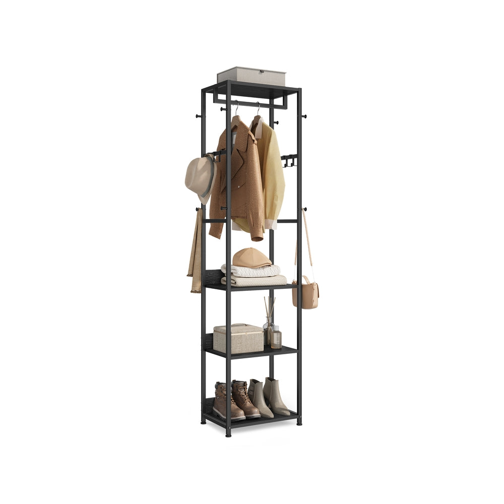 Freestanding Hall Tree - 71 Inch - Shelves And Hanging Rail - Black + Gray