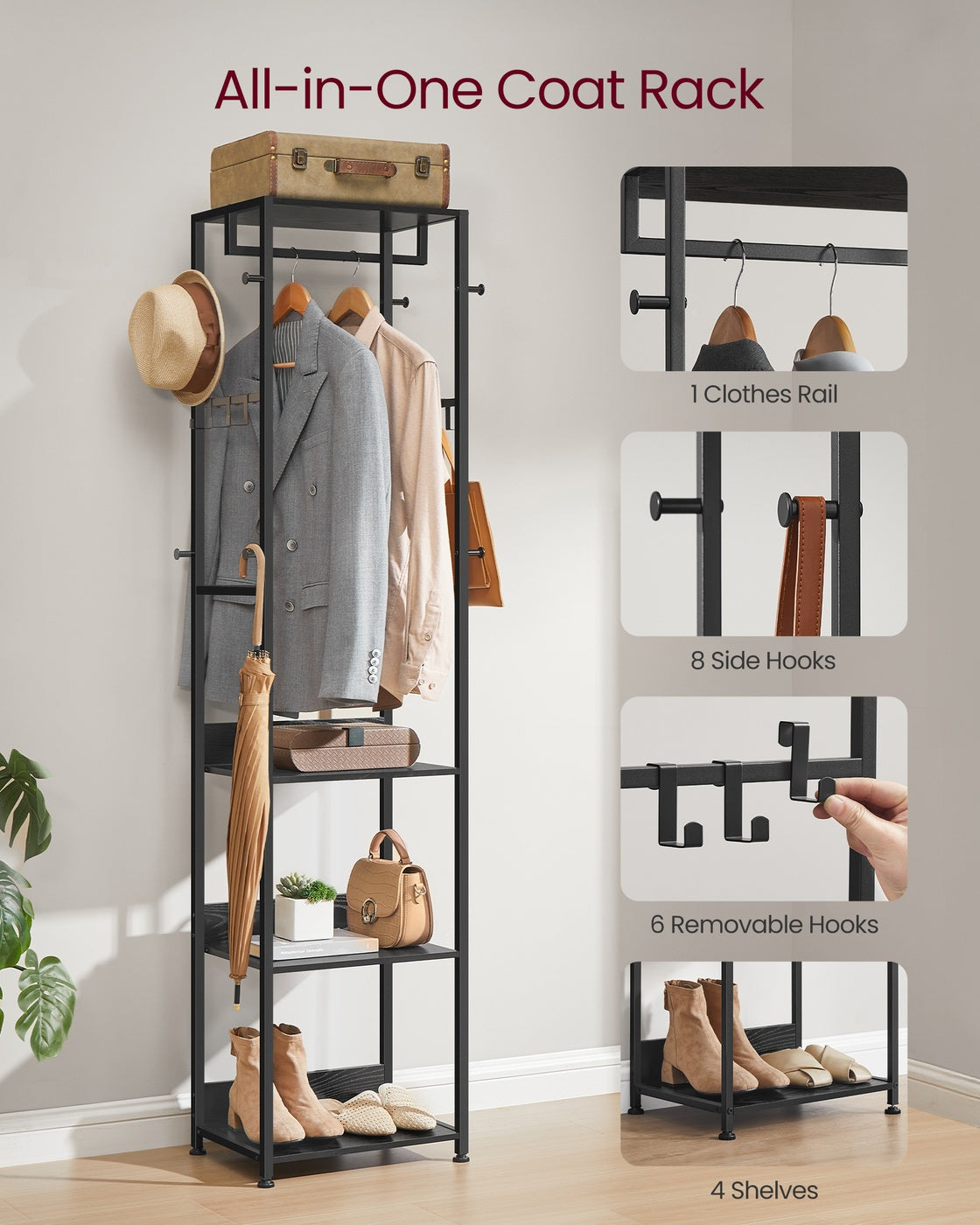 Freestanding Hall Tree - 71 Inch - Shelves And Hanging Rail