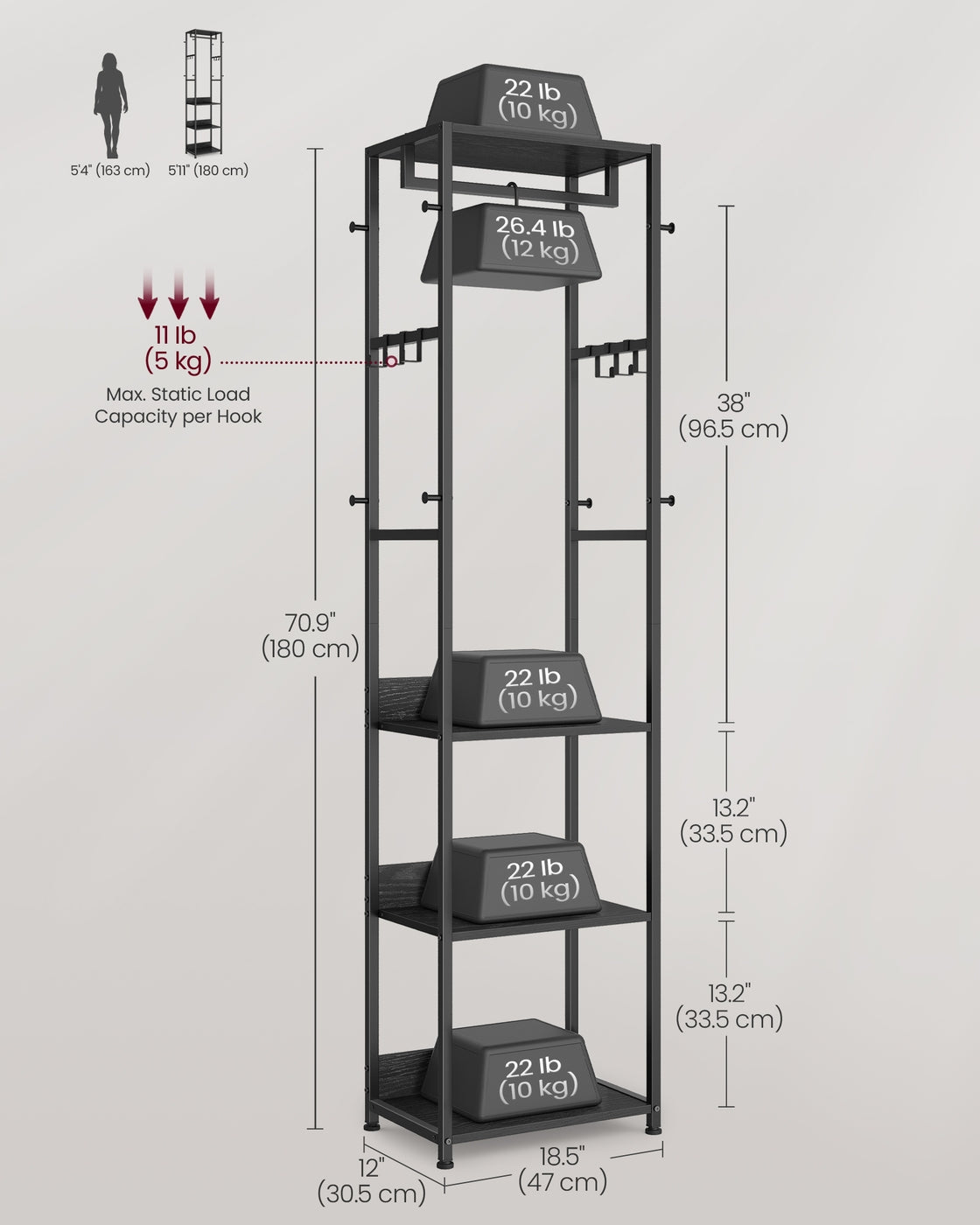 Freestanding Hall Tree - 71 Inch - Shelves And Hanging Rail