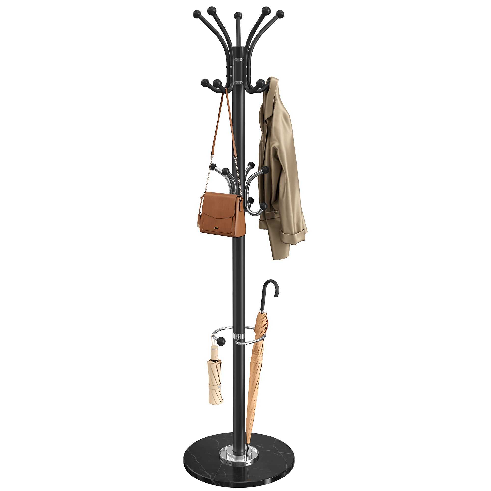 Freestanding Coat Rack - Steel Coat Tree with Marble Base - Black