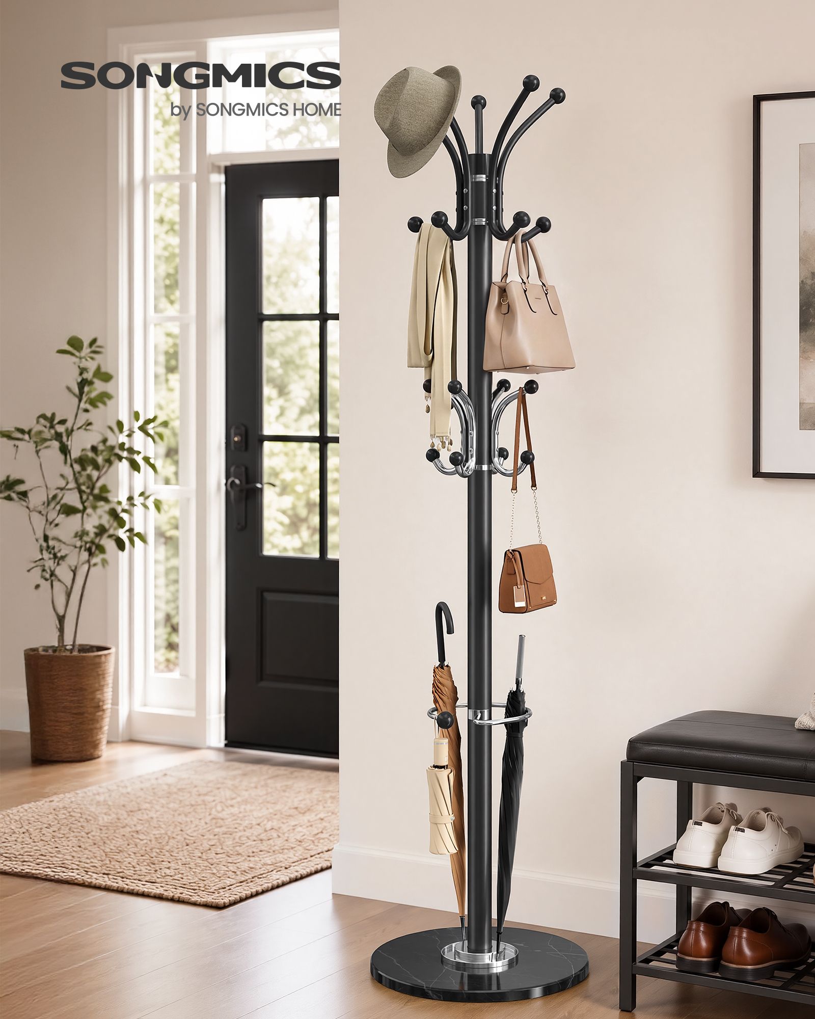 Freestanding Coat Rack - Steel Coat Tree with Marble Base - Black