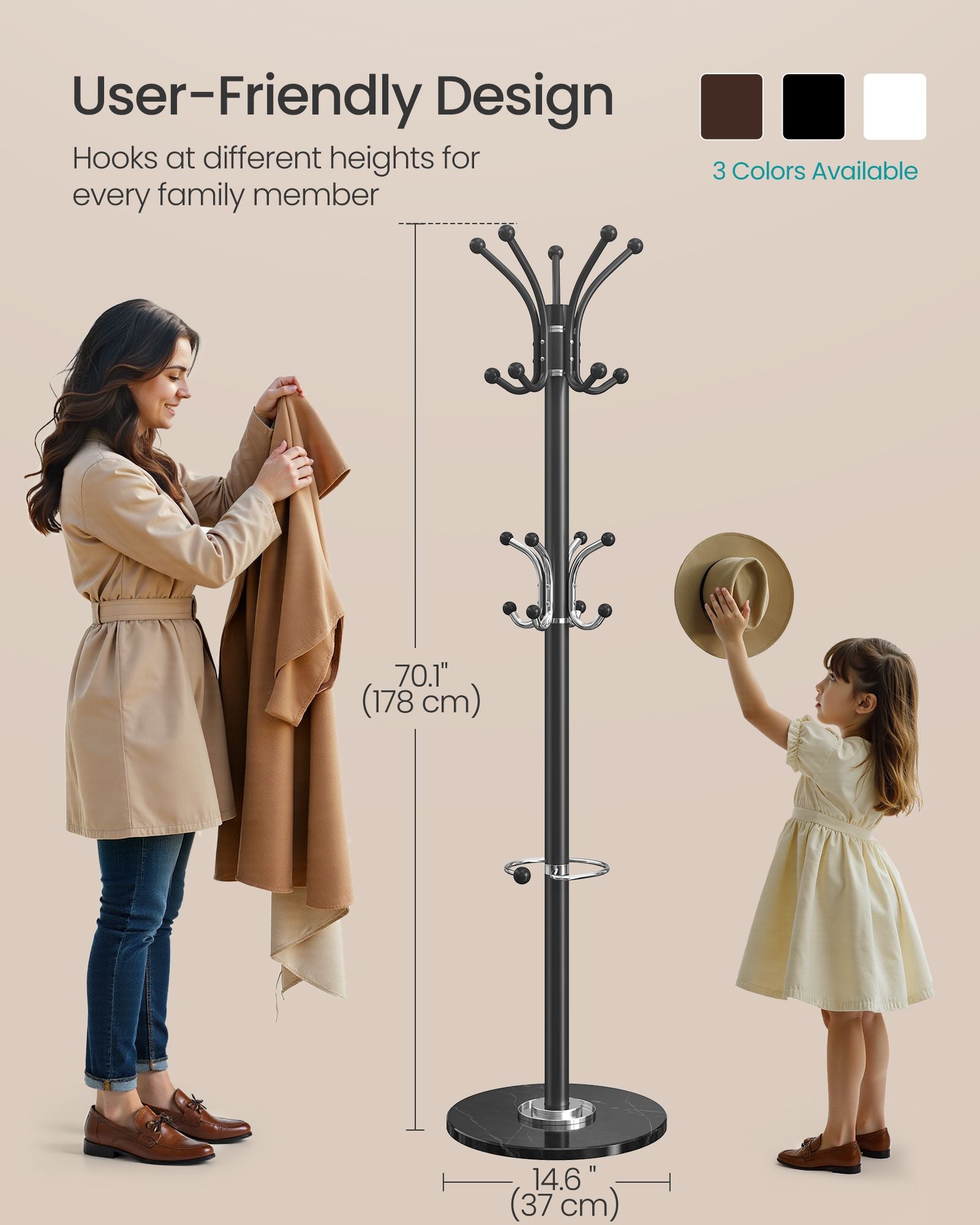 Freestanding Coat Rack - Steel Coat Tree with Marble Base - Black