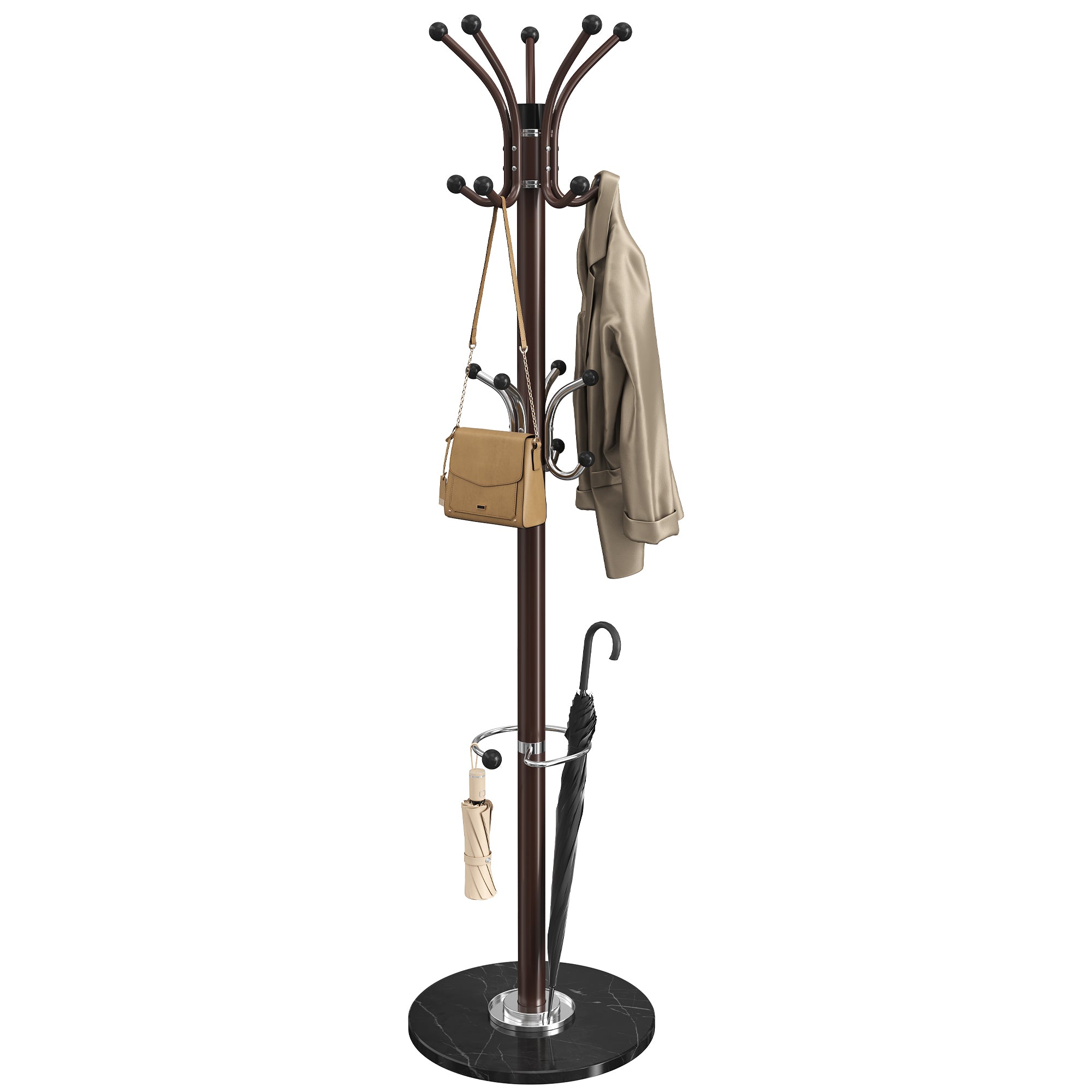 Freestanding Coat Rack - Steel Coat Tree with Marble Base - Espresso Brown