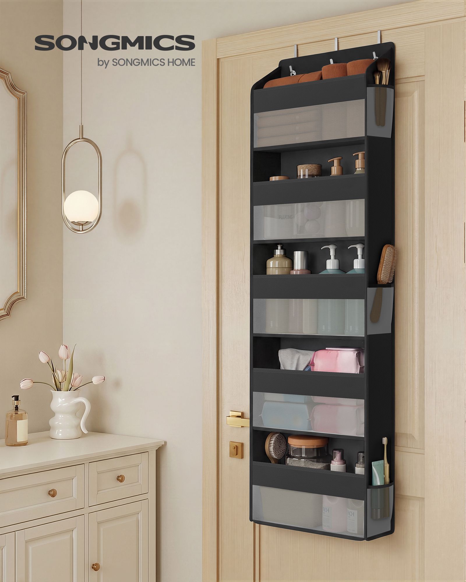 Over-the-Door Organizer - 2 Pack 5-Tier Door Hanging Storage Shelf - Heavy-Duty Closet Hanging Organizer Foldable - Transparent - Pockets - Metal Hooks - Ink Black URDH011BH01 - Ink Black