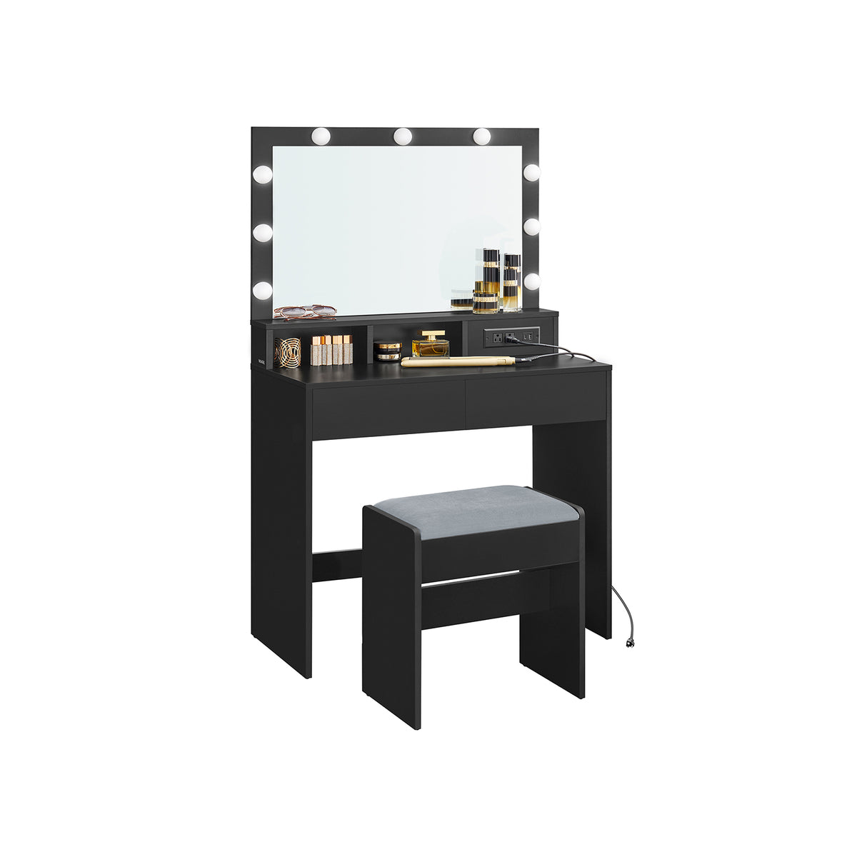 Vanity Desk with Power Outlets - Mirror and Lights - Ink Black