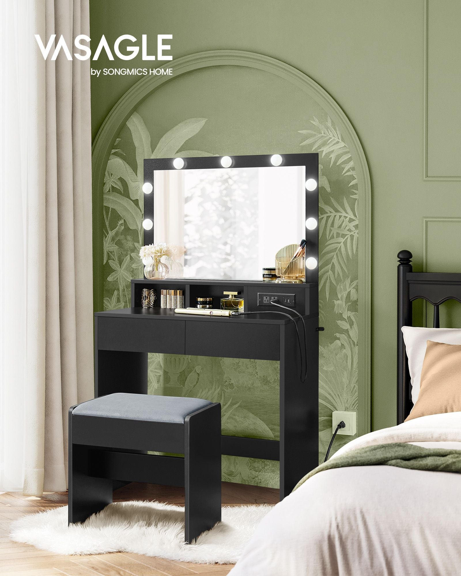 Vanity Desk with Power Outlets - Mirror and Lights