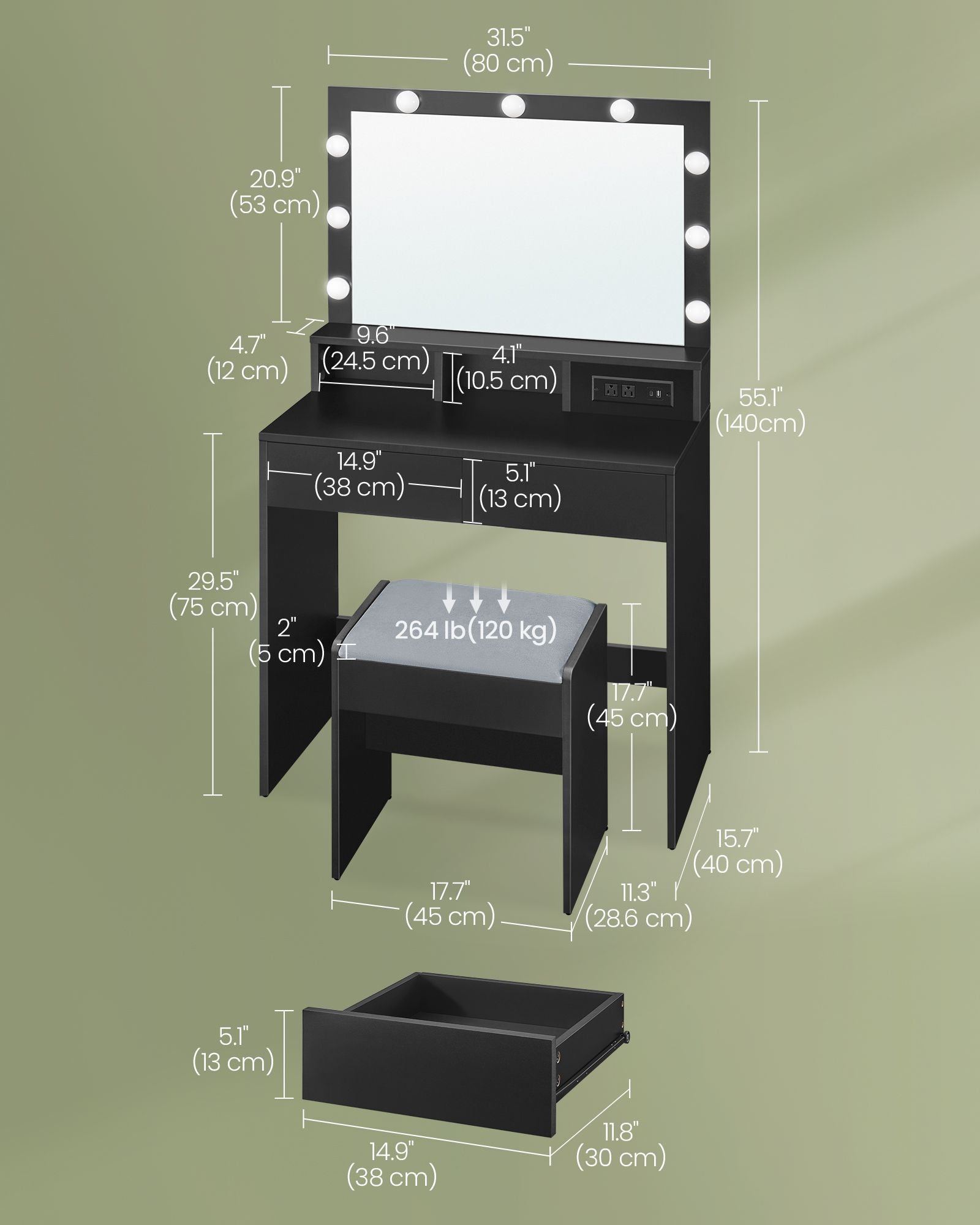 Vanity Desk with Power Outlets - Mirror and Lights - Ink Black