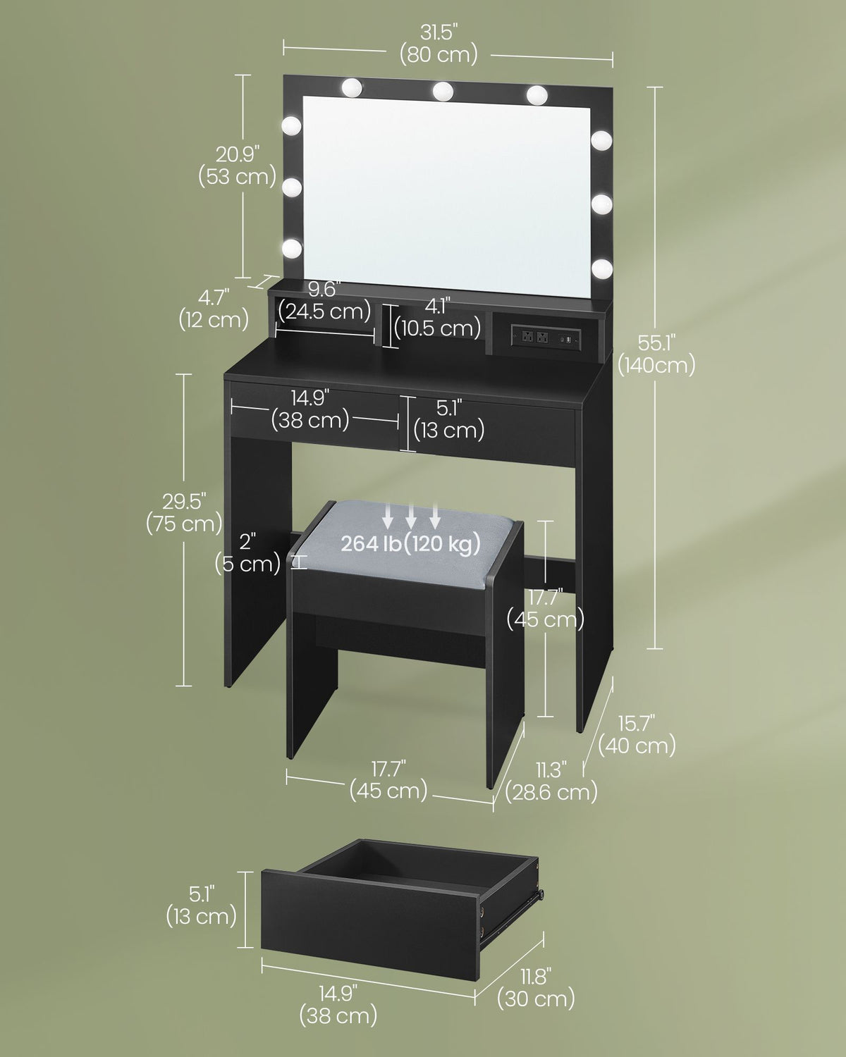 Vanity Desk with Power Outlets - Mirror and Lights - Ink Black