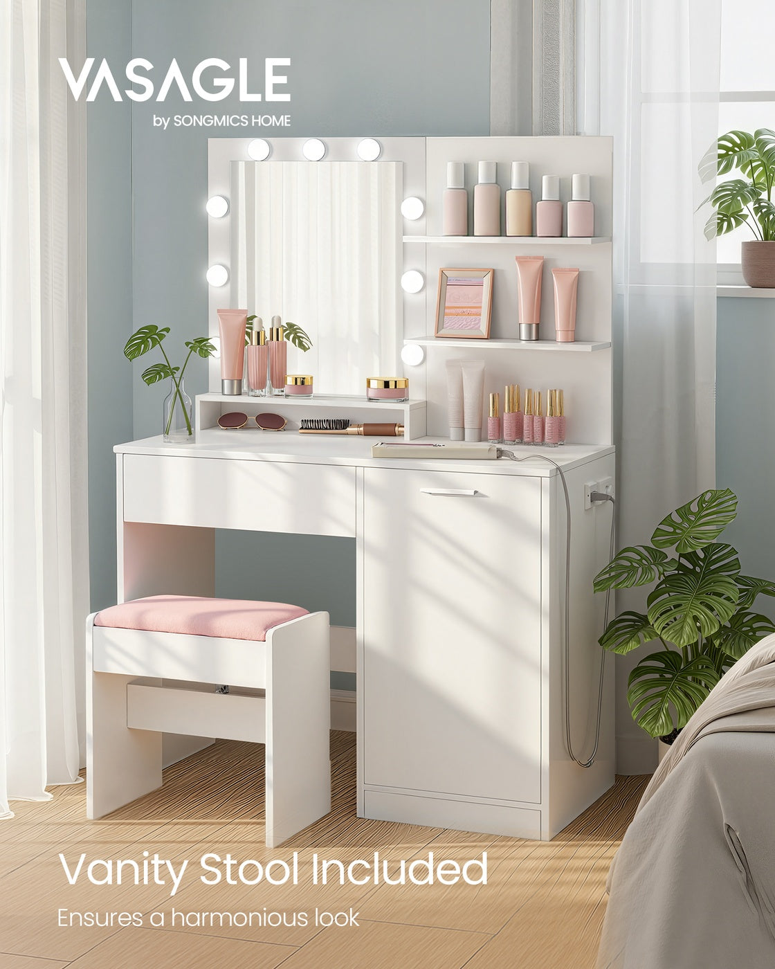 Vanity Desk - Dimmable LED Lights - Vanity Stool - Storage Drawer