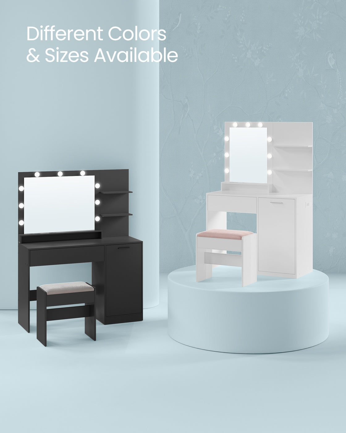 Vanity Desk - Dimmable LED Lights - Vanity Stool - Storage Drawer