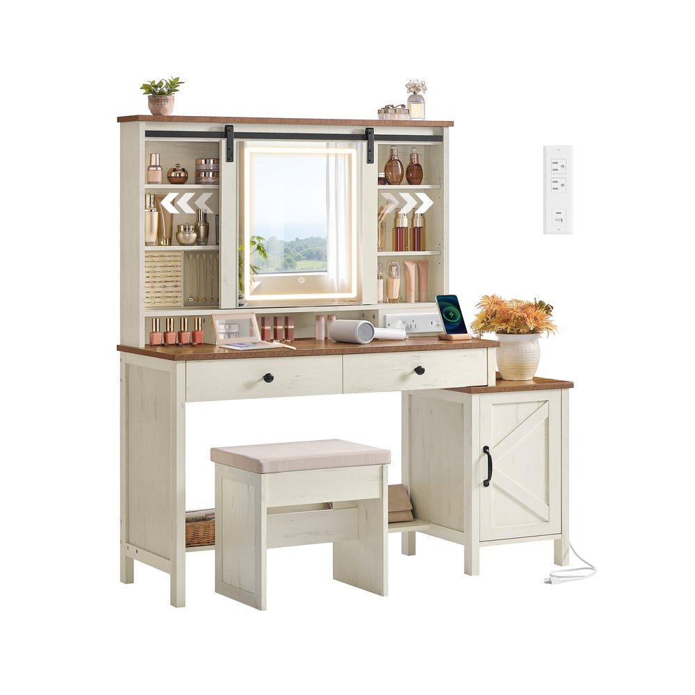 Vanity Desk with Power Outlets - Mirror and Lights - Rustic White, Honey Brown