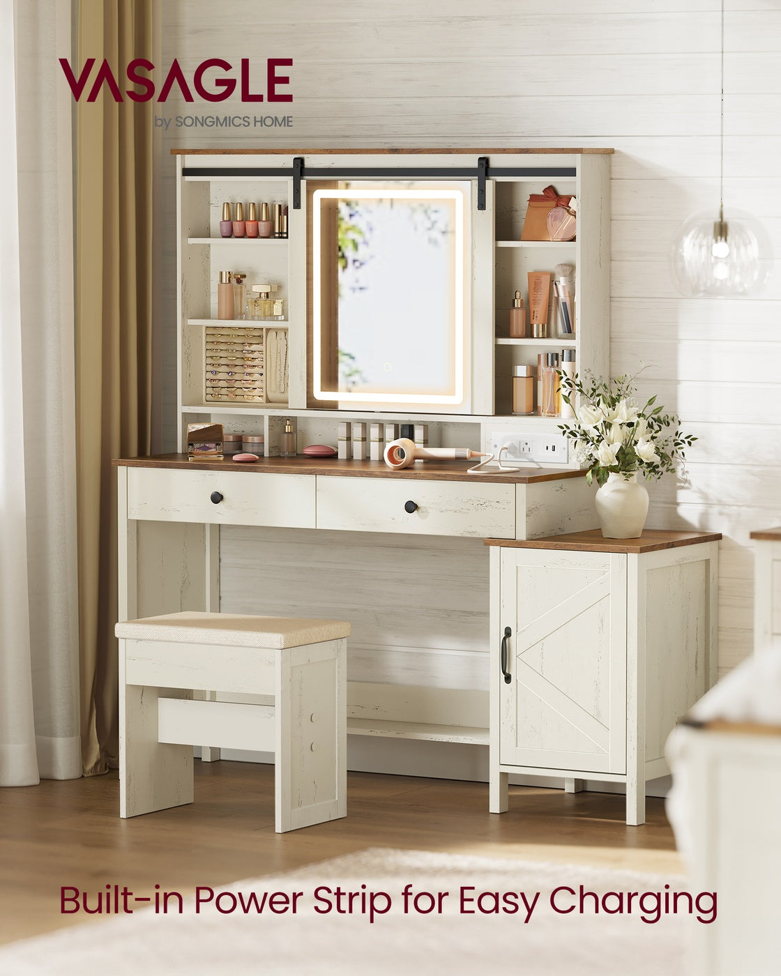 Vanity Desk with Power Outlets - Mirror and Lights