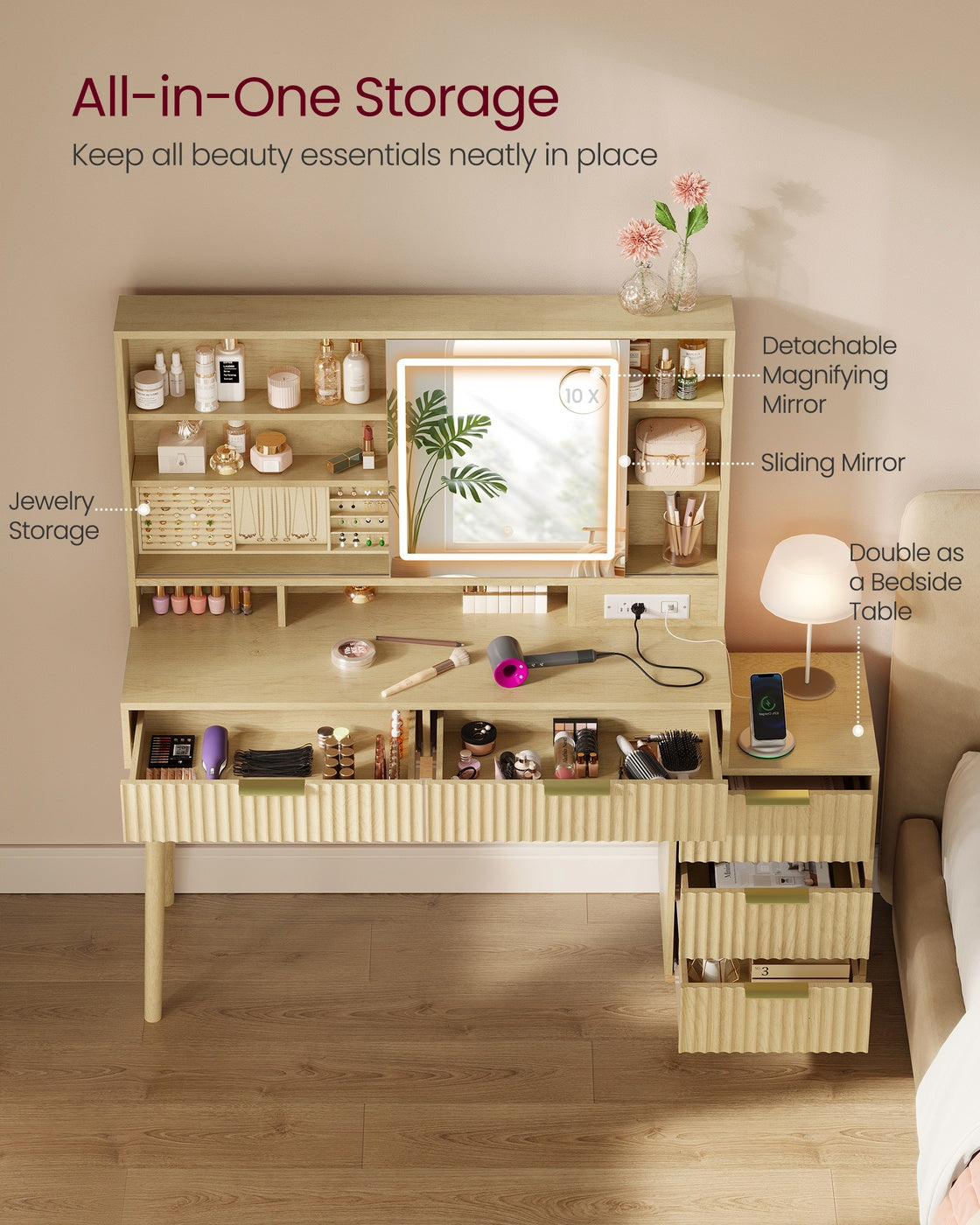 MAXE Collection - Vanity Desk with Sliding Mirror and Lights
