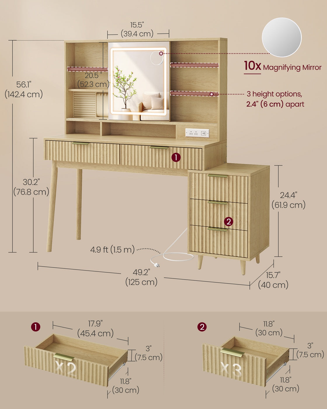 MAXE Collection - Vanity Desk with Sliding Mirror and Lights