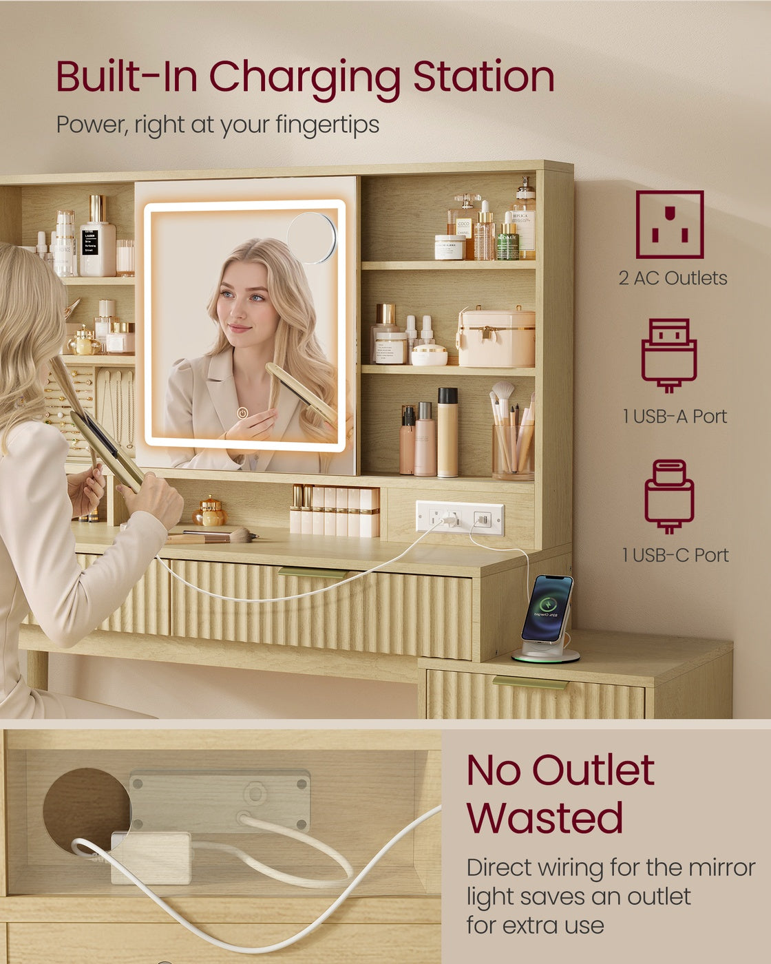 MAXE Collection - Vanity Desk with Sliding Mirror and Lights