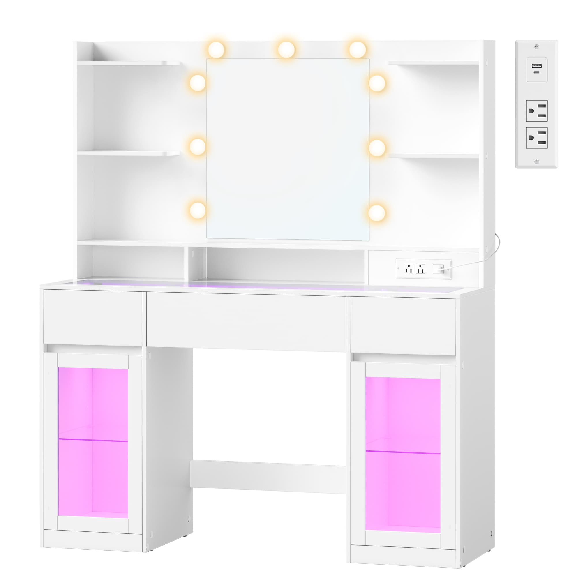 Vanity Desk with LED Lights and Power Outlet
