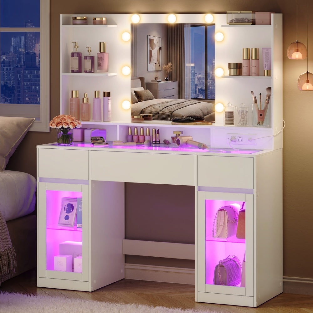 Vanity Desk with LED Lights and Power Outlet
