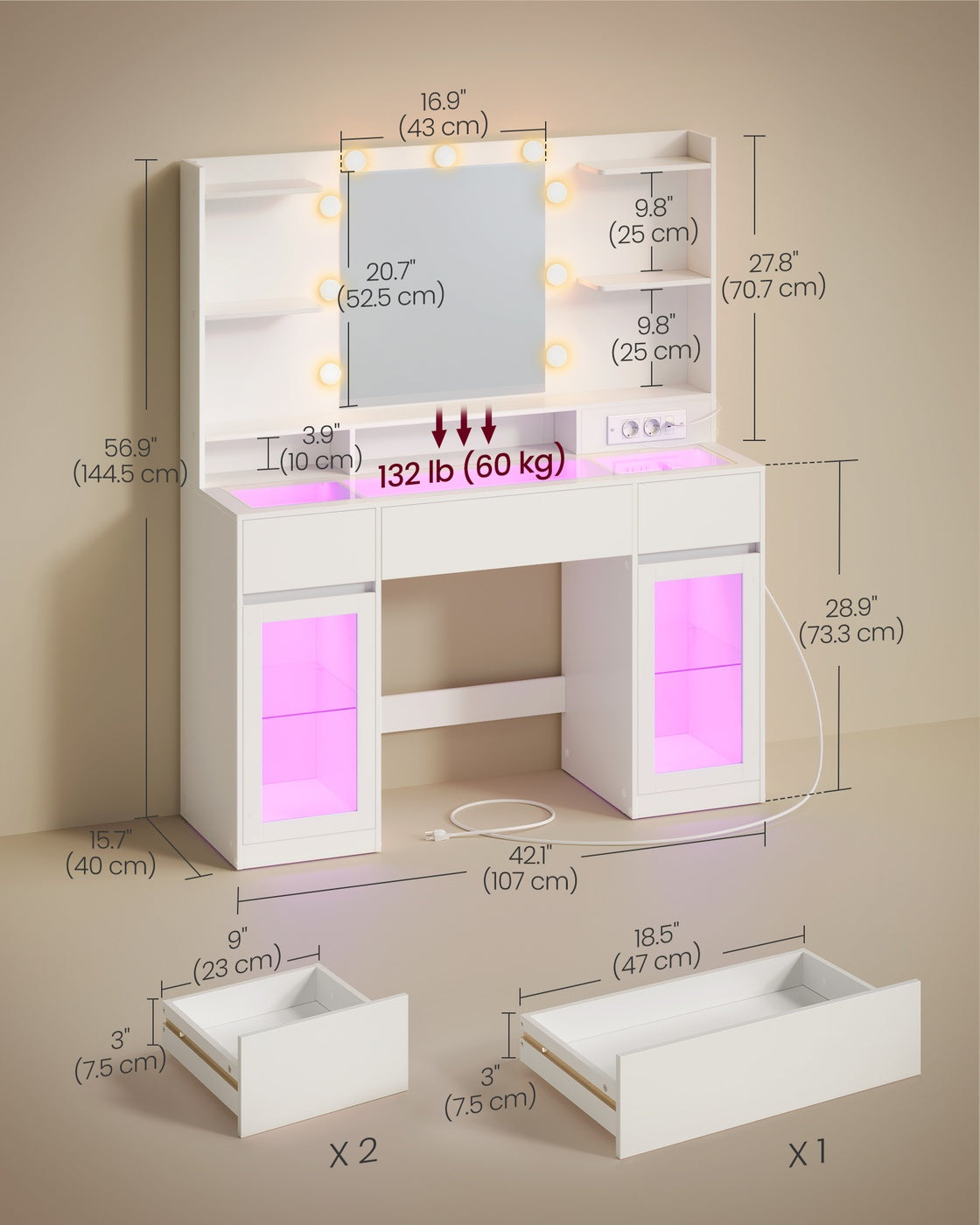 Vanity Desk with LED Lights and Power Outlet